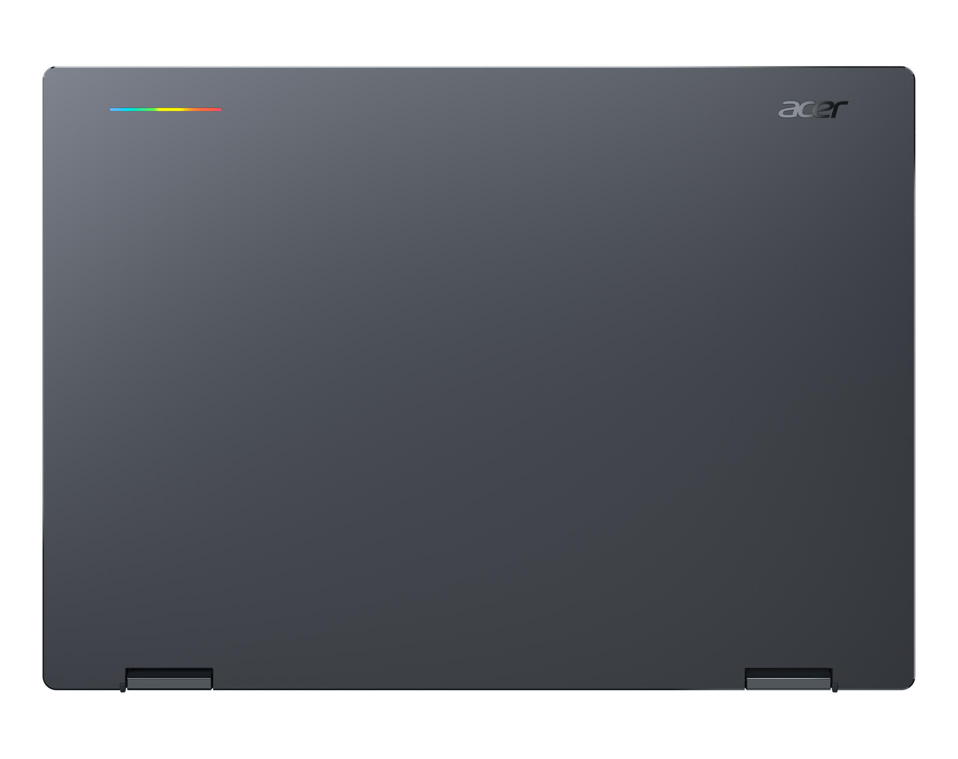 Geschlossener grauer Acer Chromebook Laptop vor weißem Hintergrund mit regenbogenfarbenem Logo.