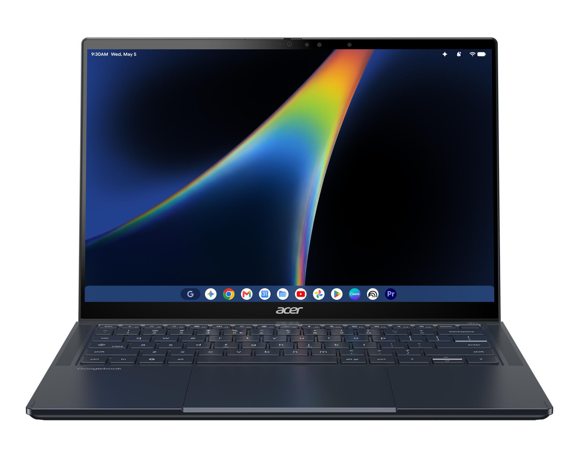 Acer-Laptop mit blau-gelbem Bildschirmhintergrund und geöffnetem Tastaturlayout.