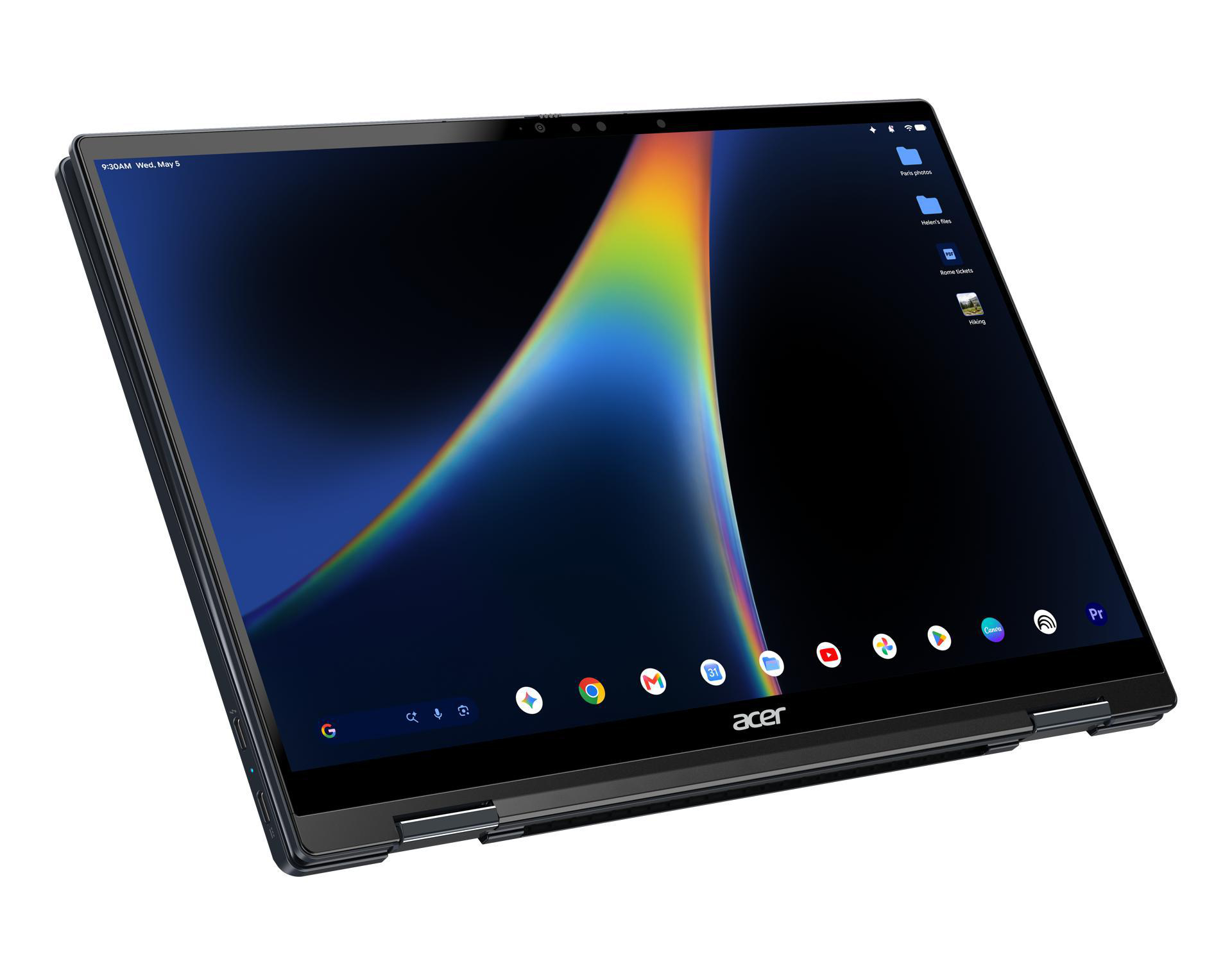 Ein schwarzes Acer Chromebook mit buntem Bildschirmhintergrund und App-Symbolen in einer Studioaufnahme.