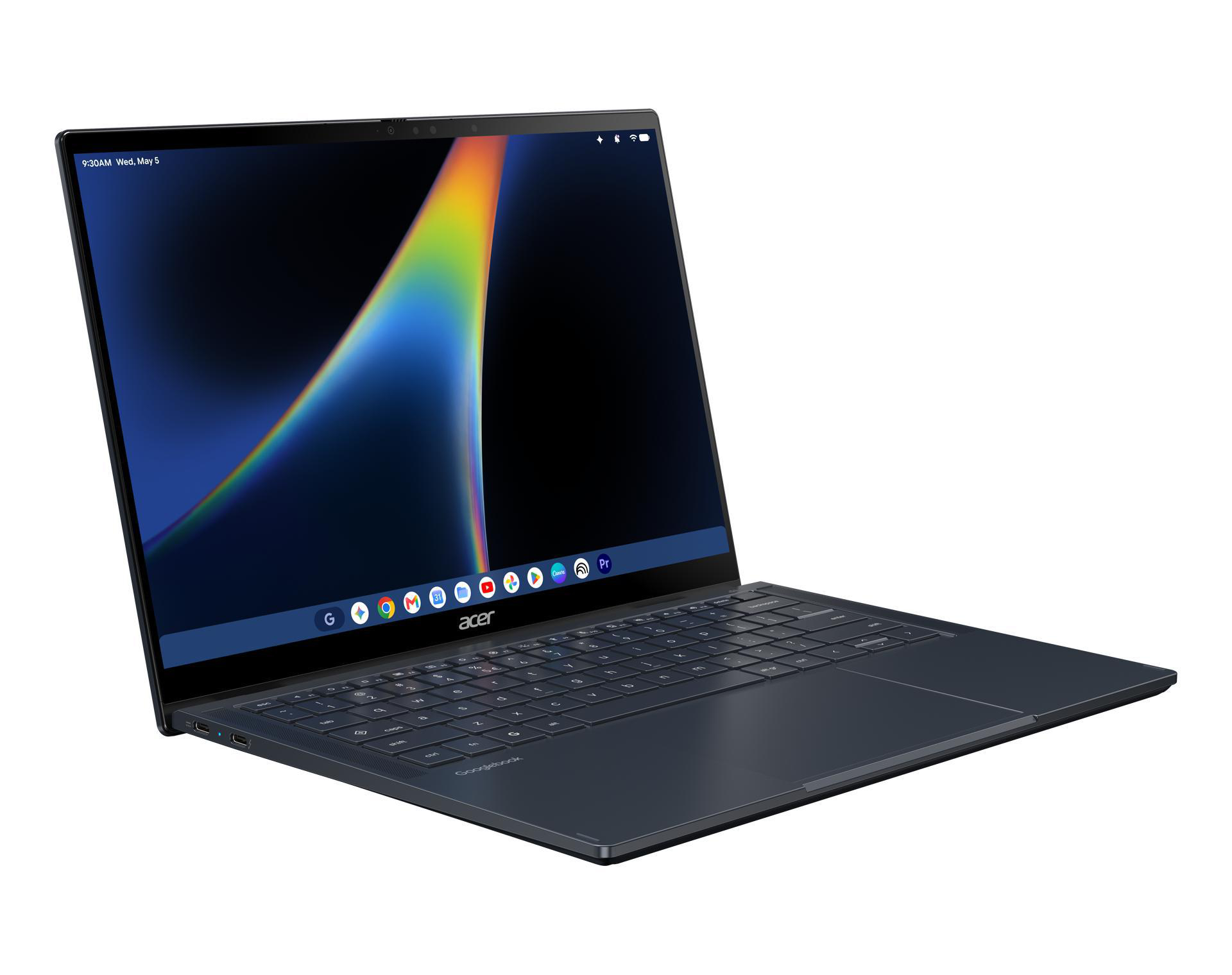 Ein geöffneter, dunkelblauer Acer-Laptop auf weißem Hintergrund mit Tastatur und Bildschirm mit buntem, abstrakten Hintergrund.