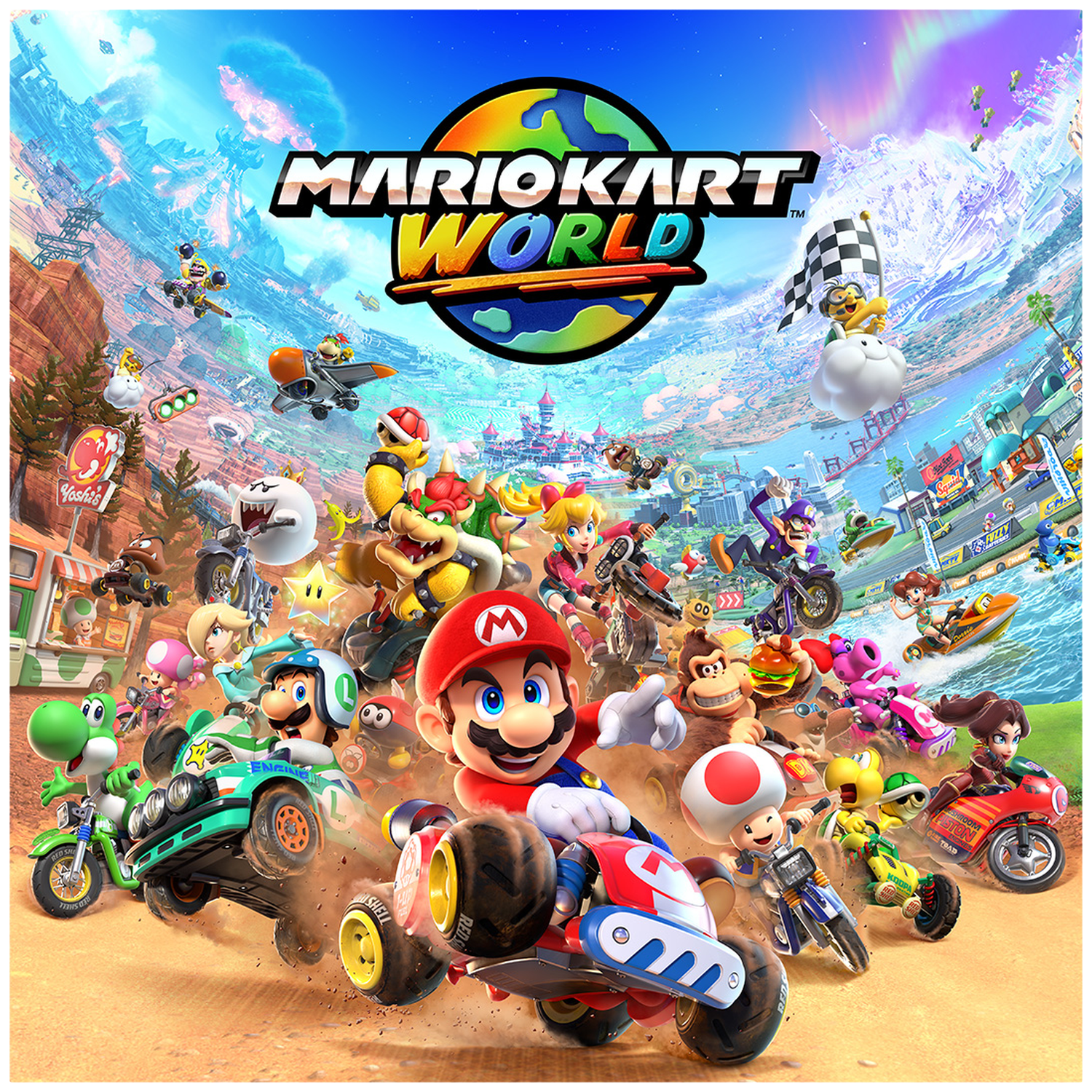 Mario en andere personages racen op een kleurrijke baan met een wereldbollogo.