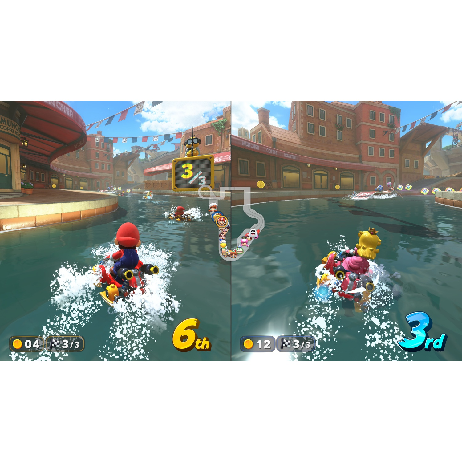 Gedeeld scherm toont Mario en Peach die met boten racen door een stad in Venetiaanse stijl.