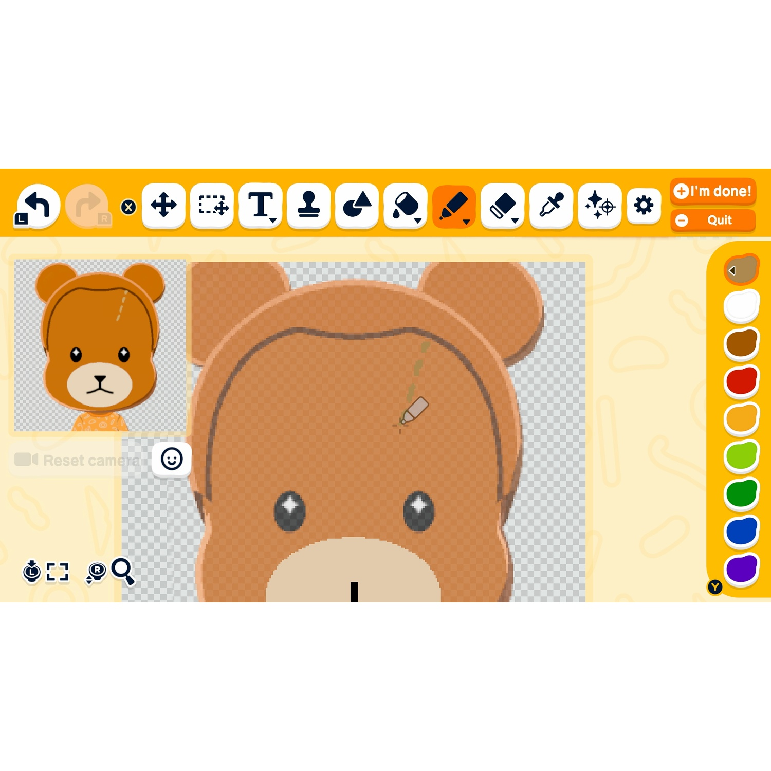 Éditeur d'écran de jeu avec des outils en haut, une palette de couleurs à droite et un avatar d'ours au centre.