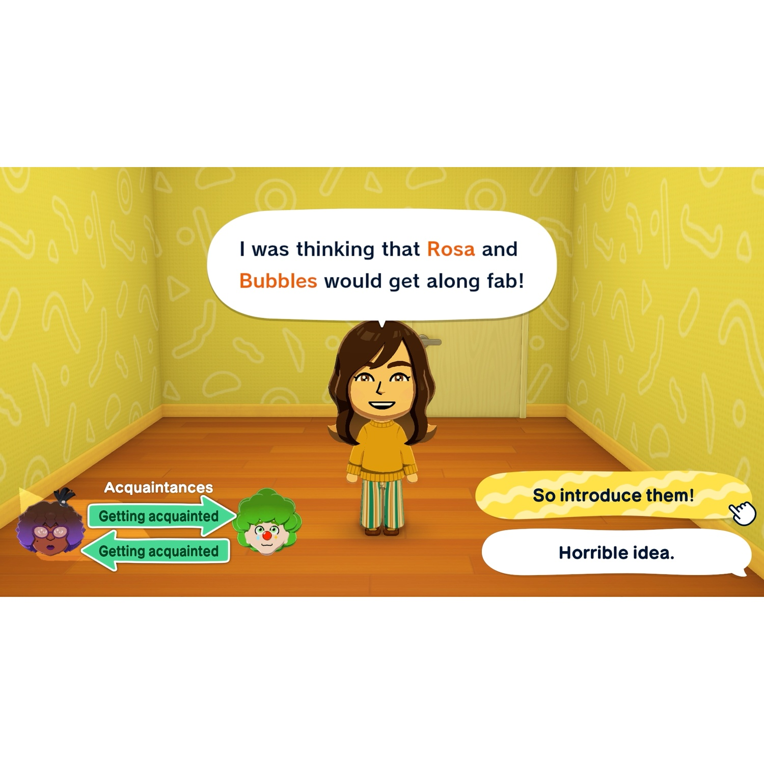 Un écran de jeu vidéo montre un personnage en pull jaune parlant, avec deux options en bas.