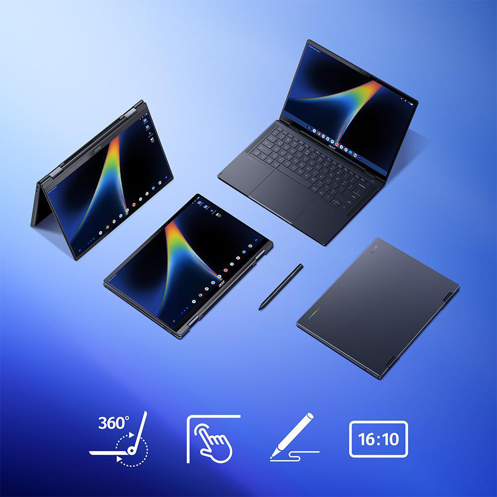 Dunkelblaue Convertible-Laptops und Eingabestift auf blauem Hintergrund mit Funktionssymbolen.