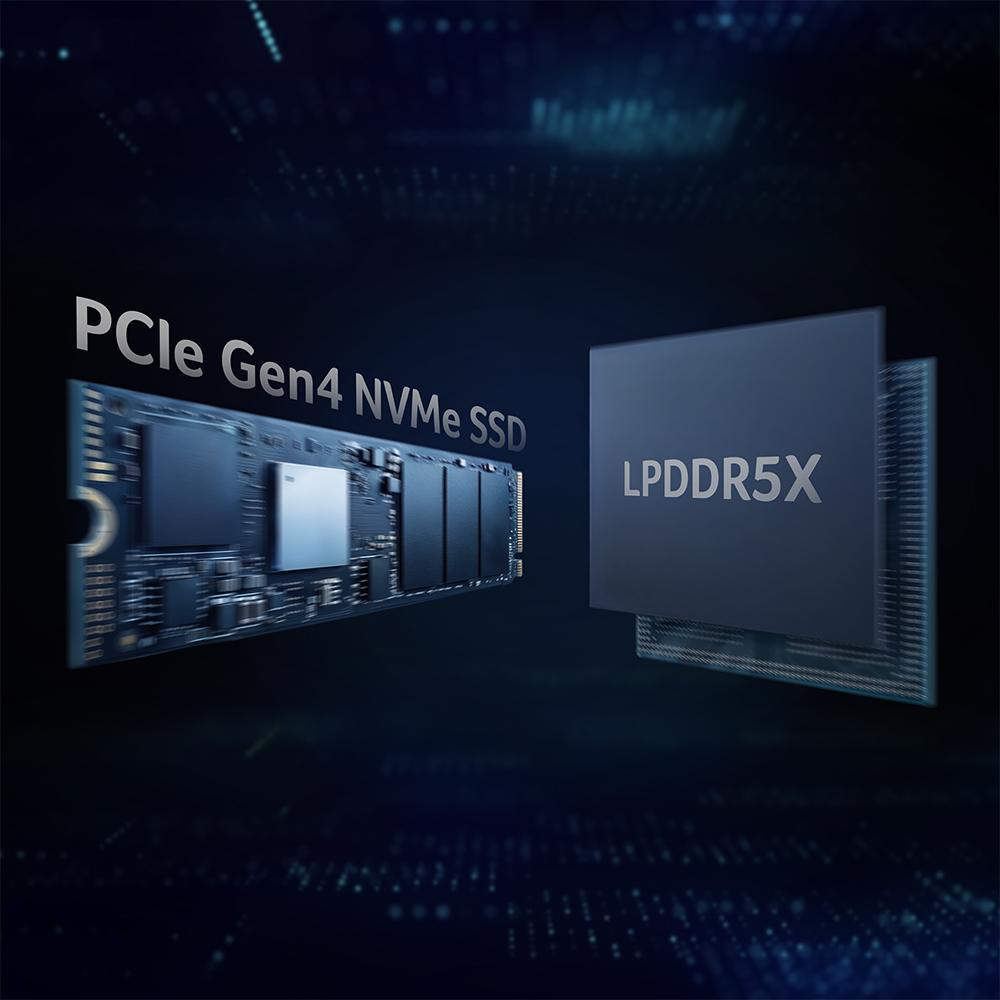 Ein PCIe Gen4 NVMe SSD und ein LPDDR5X Chip auf blauem, digitalem Hintergrund.