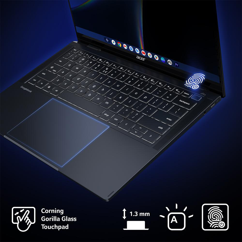 Dunkler Laptop mit hintergrundbeleuchteter Tastatur, Touchpad und integriertem Fingerabdrucksensor.