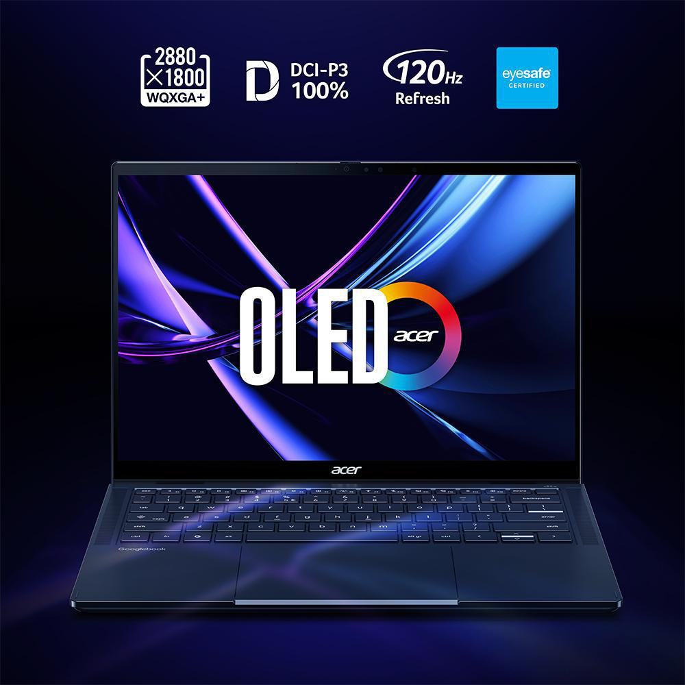 Acer-Laptop mit OLED-Bildschirm, 2880x1800 Auflösung, 120Hz Bildwiederholrate und Eyesafe-Zertifizierung.