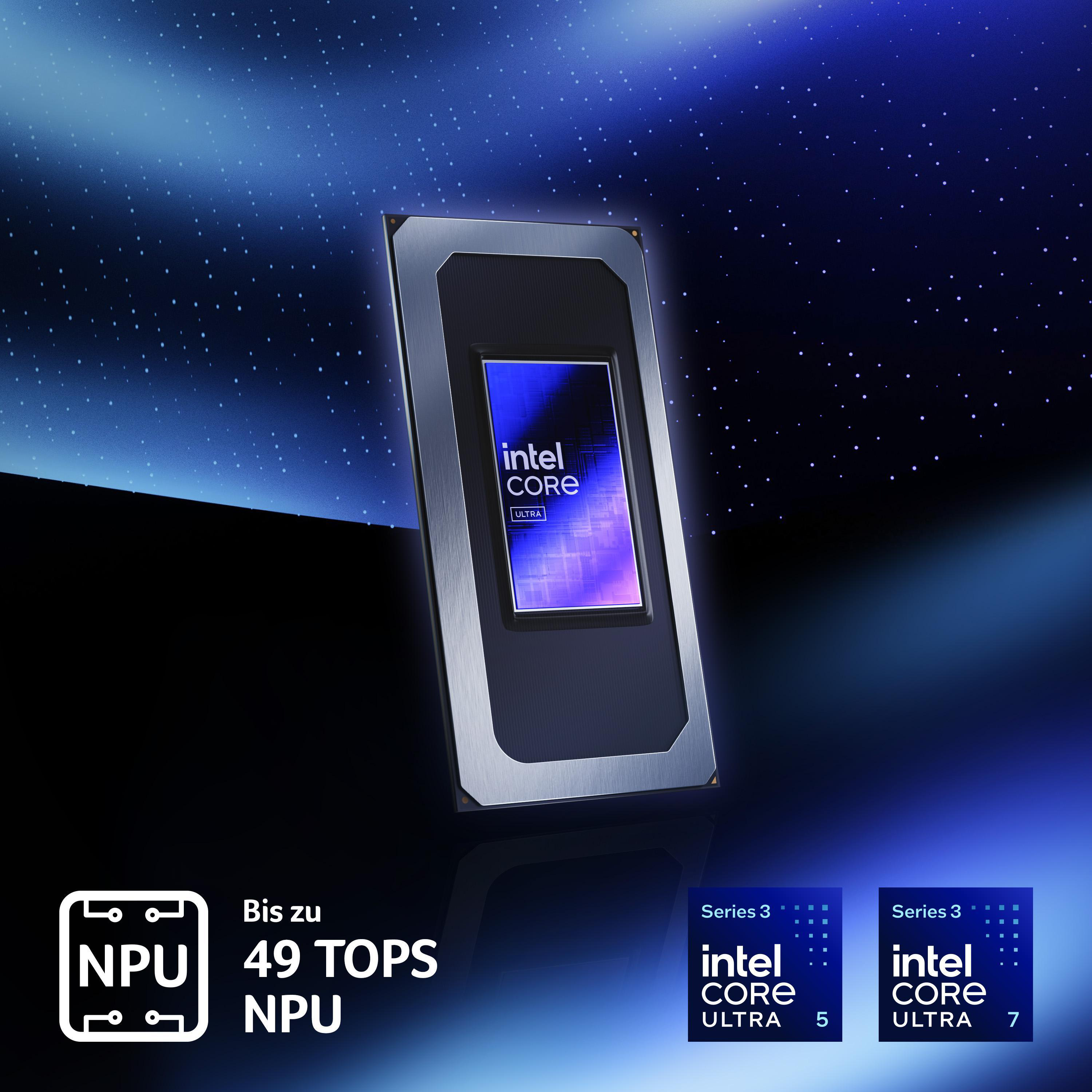 Intel Core Ultra Prozessor vor blauem Hintergrund mit NPU und 49 TOPS Angaben.