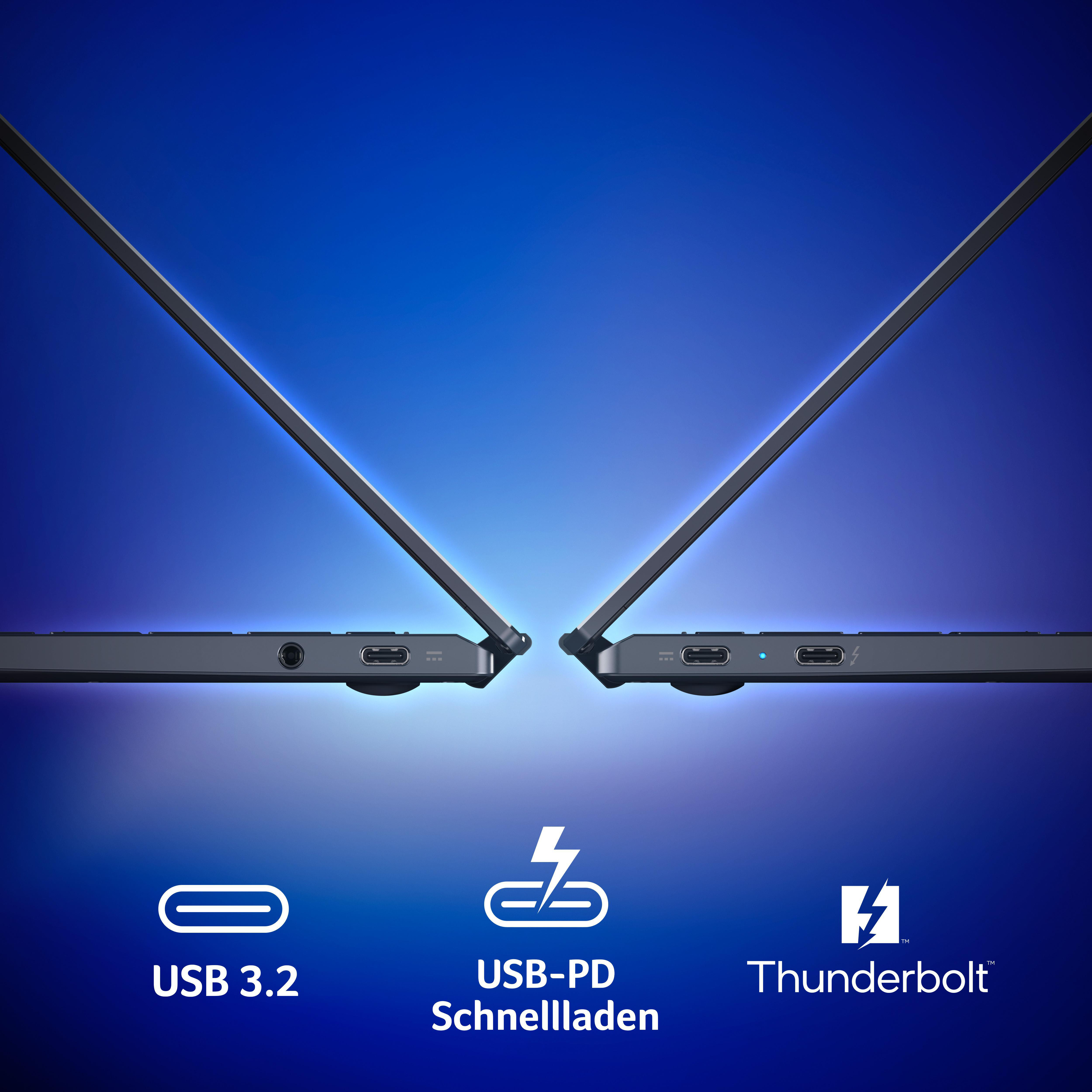 Laptop-Seitenansichten mit USB 3.2, USB-PD-Schnellladen und Thunderbolt-Anschlüssen vor blauem Hintergrund.