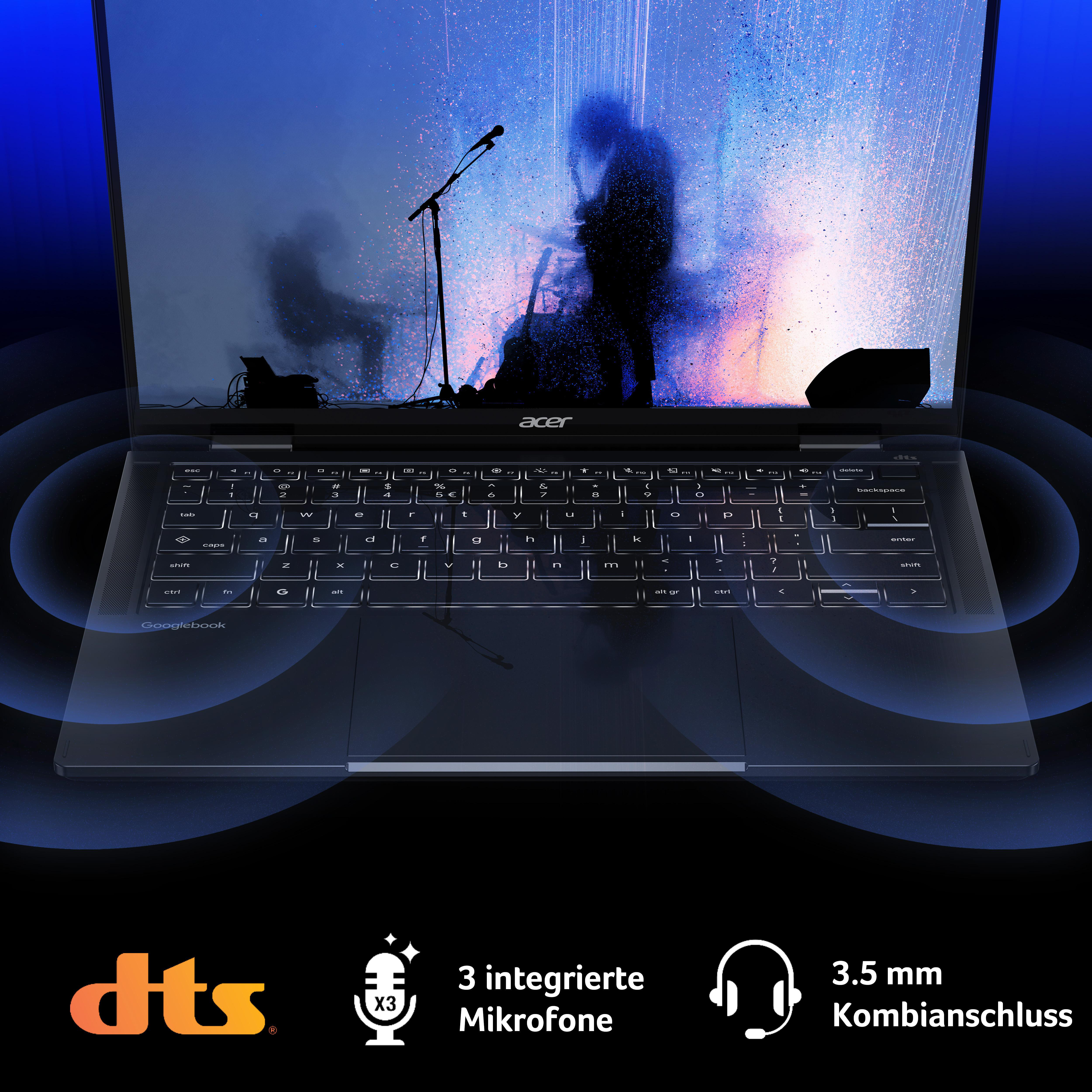 Acer Chromebook mit DTS-Sound, beleuchteter Tastatur und Konzertbild auf dem Bildschirm.