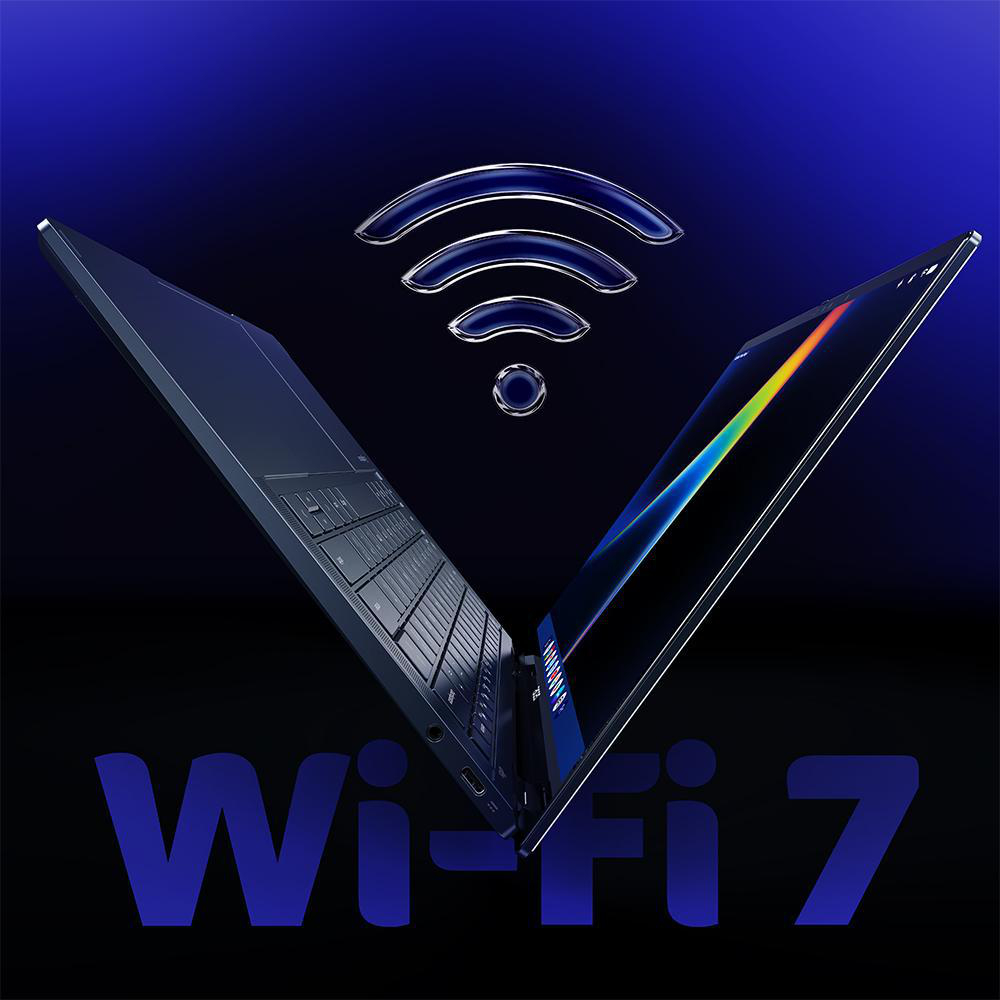 Ein offener Laptop mit Wi-Fi-7-Symbol und Schriftzug vor blauem Hintergrund.