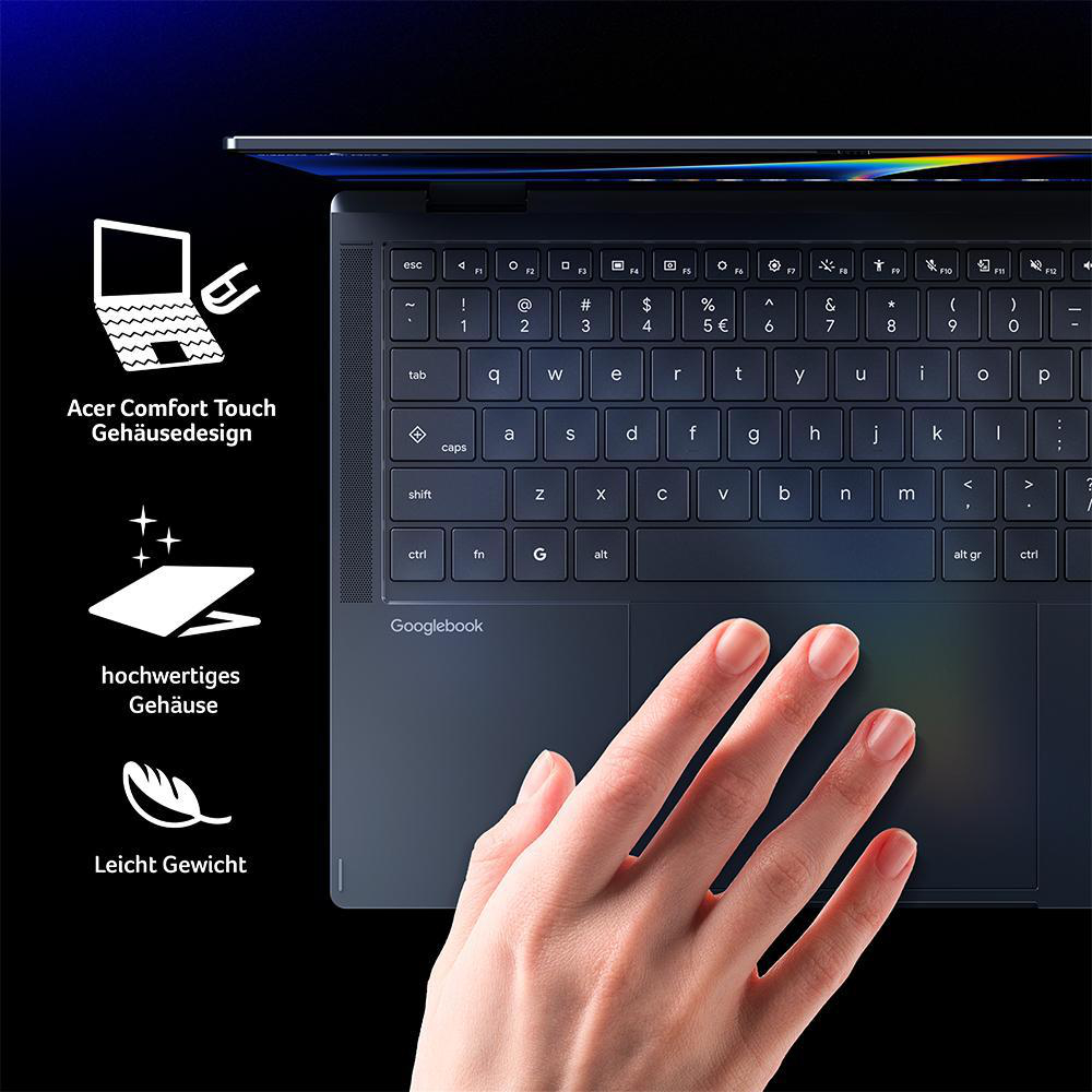 Eine Hand ruht auf der Tastatur und dem Touchpad eines dunklen Googlebook Laptops mit deutschen Funktionssymbolen links.