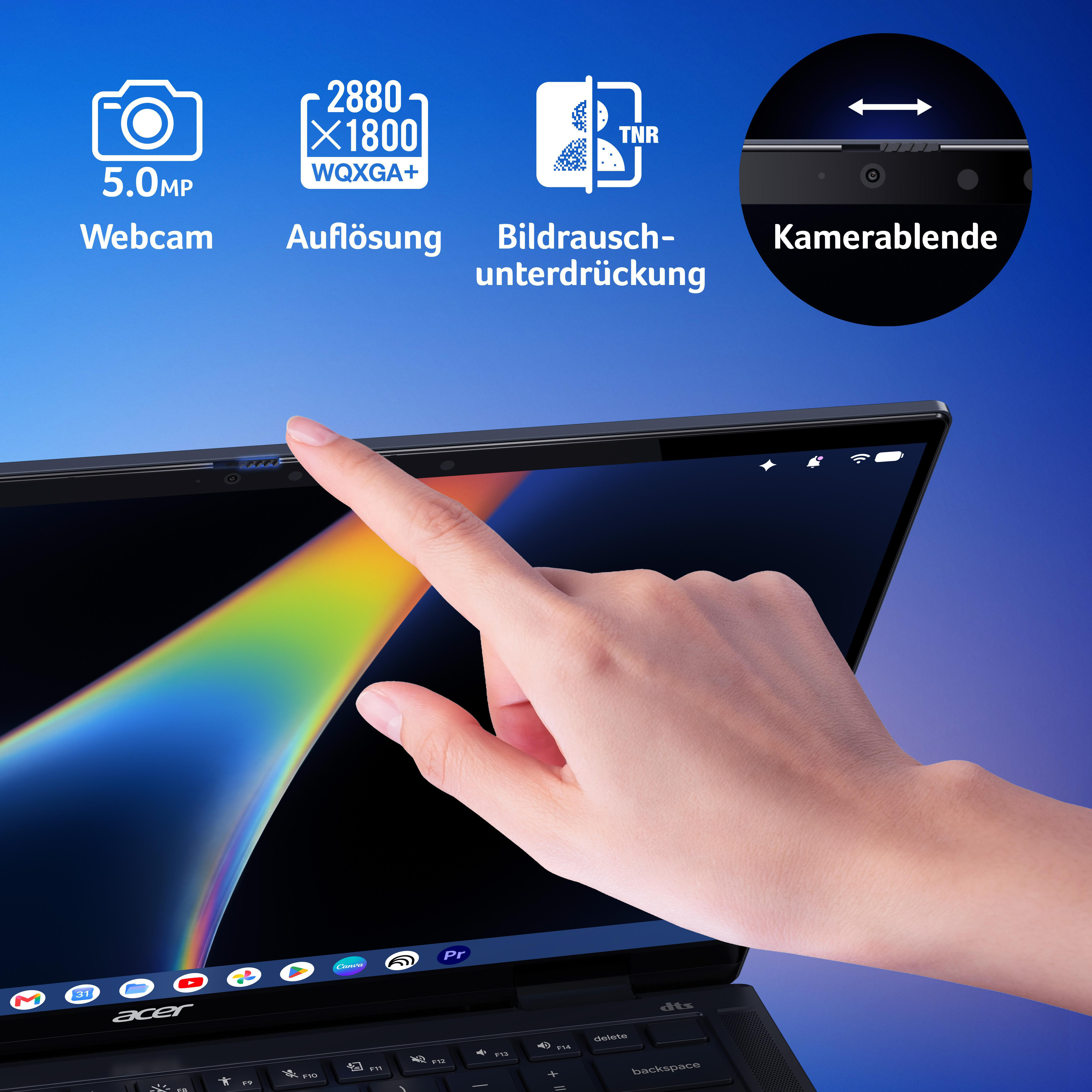 Hand schiebt die physische Kameraabdeckung eines Acer Laptops zu, oben Icons für Webcam, Auflösung und Rauschunterdrückung.