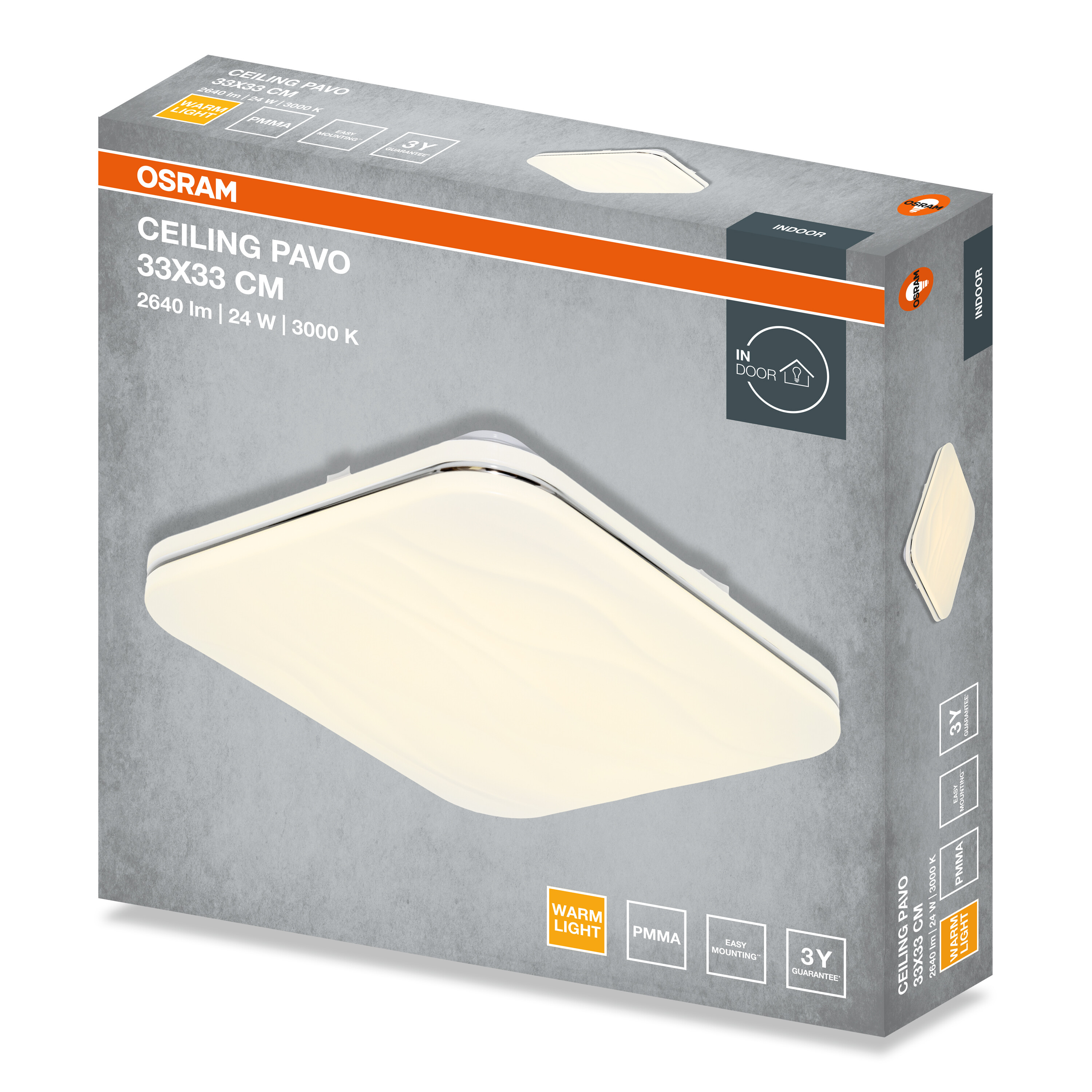 Osram Ceiling Pavo mennyezeti lámpa csomagolása, négyzet alakú, 33x33 cm, meleg fény.