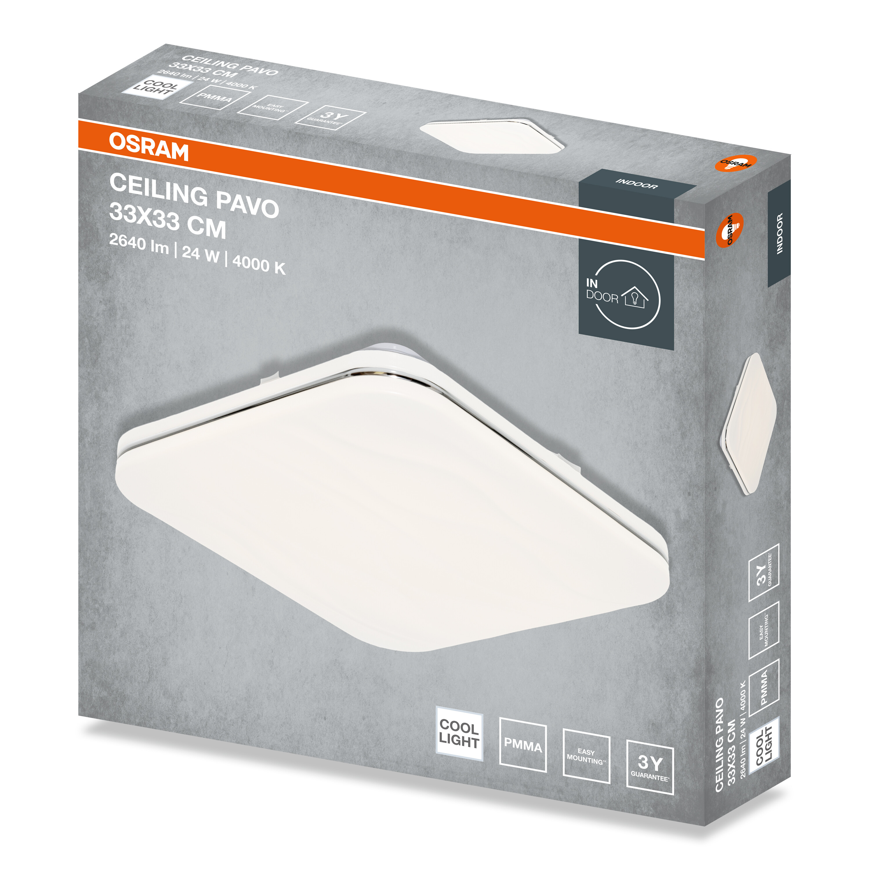 Osram Ceiling Pavo LED lámpa doboza termékinformációkkal szürke háttéren.