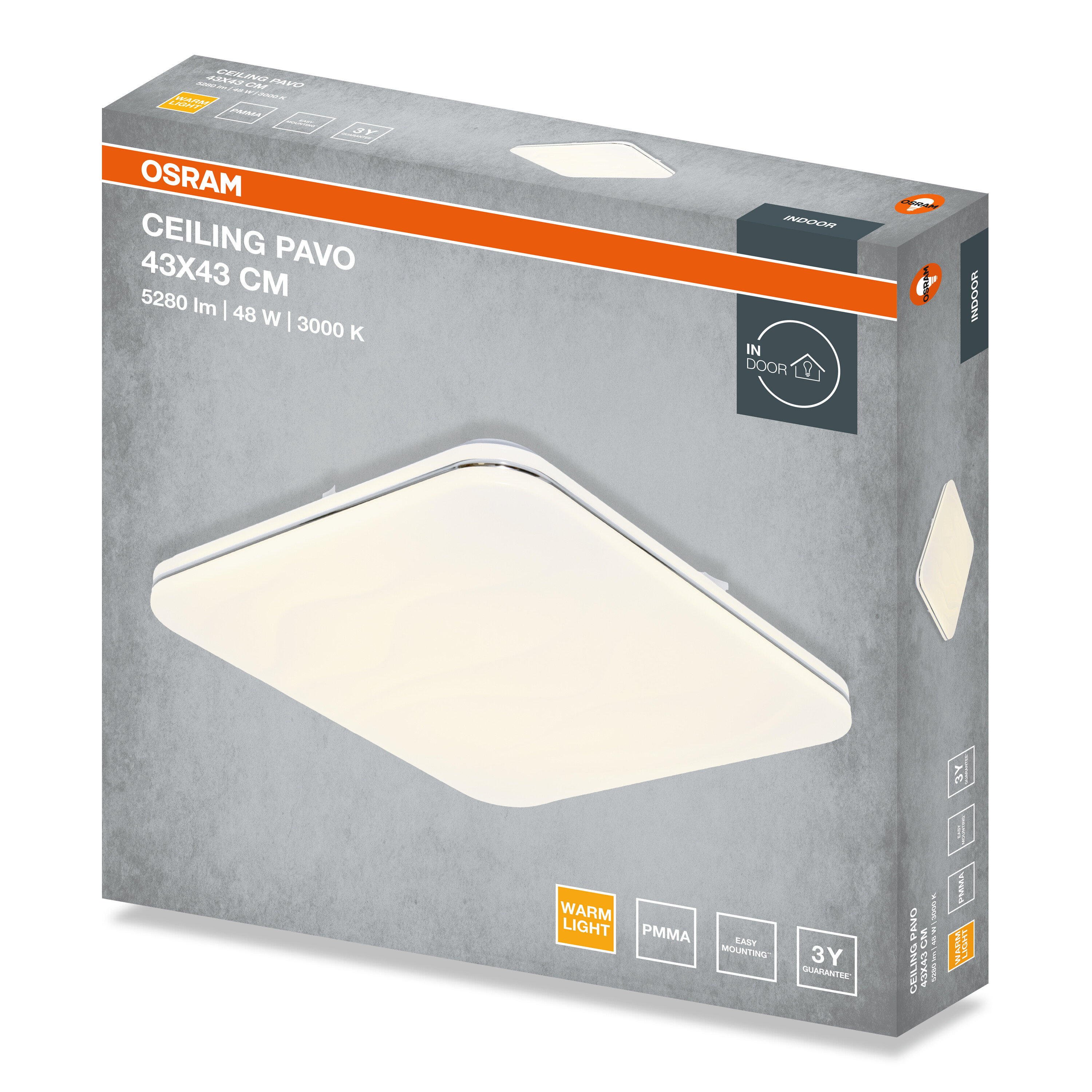 Szürke Osram termékcsomagolás a Ceiling Pavo 43x43 cm-es mennyezeti lámpához, meleg fénnyel.
