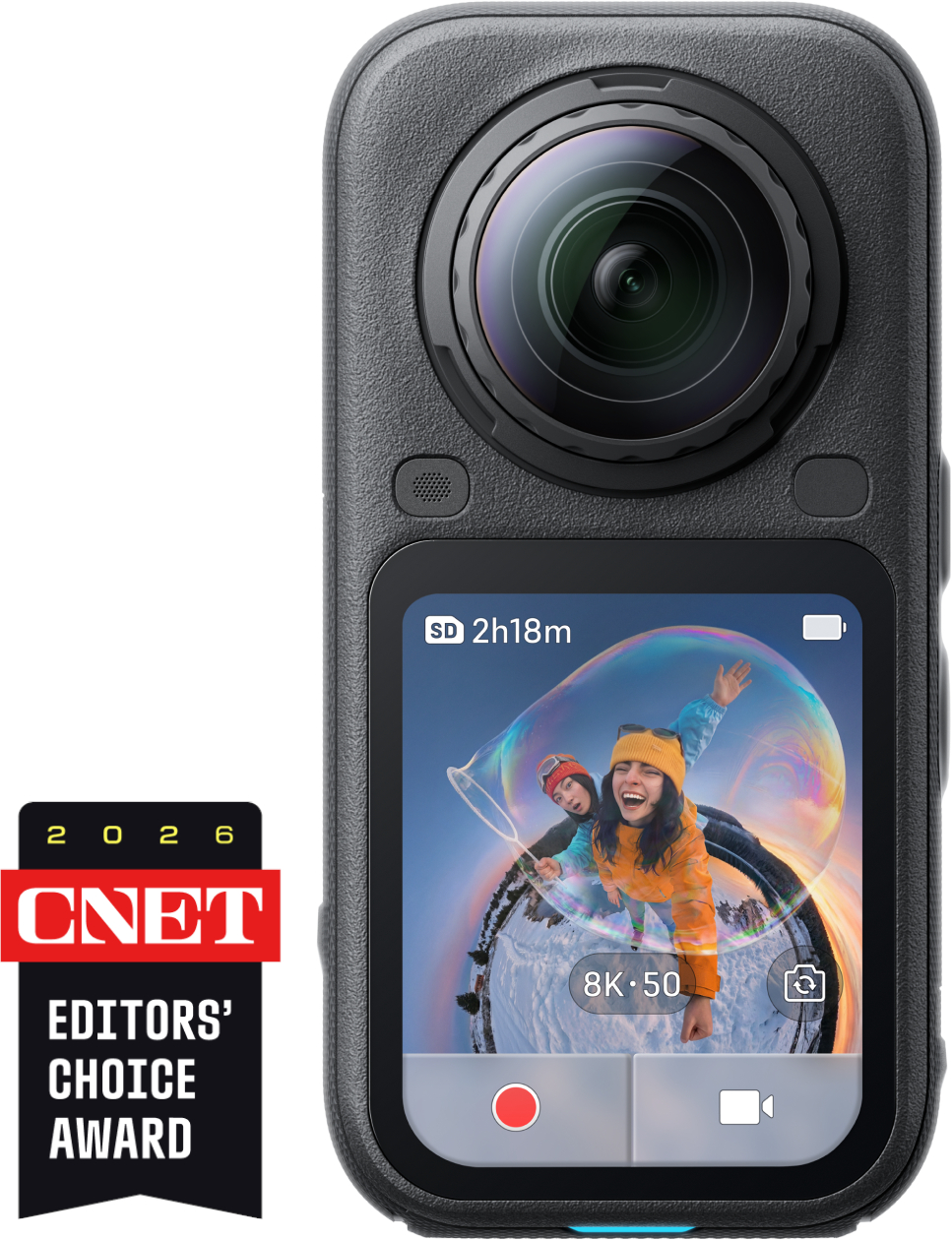 Caméra d'action noire avec objectif, écran tactile et un badge du prix CNET Editors Choice.