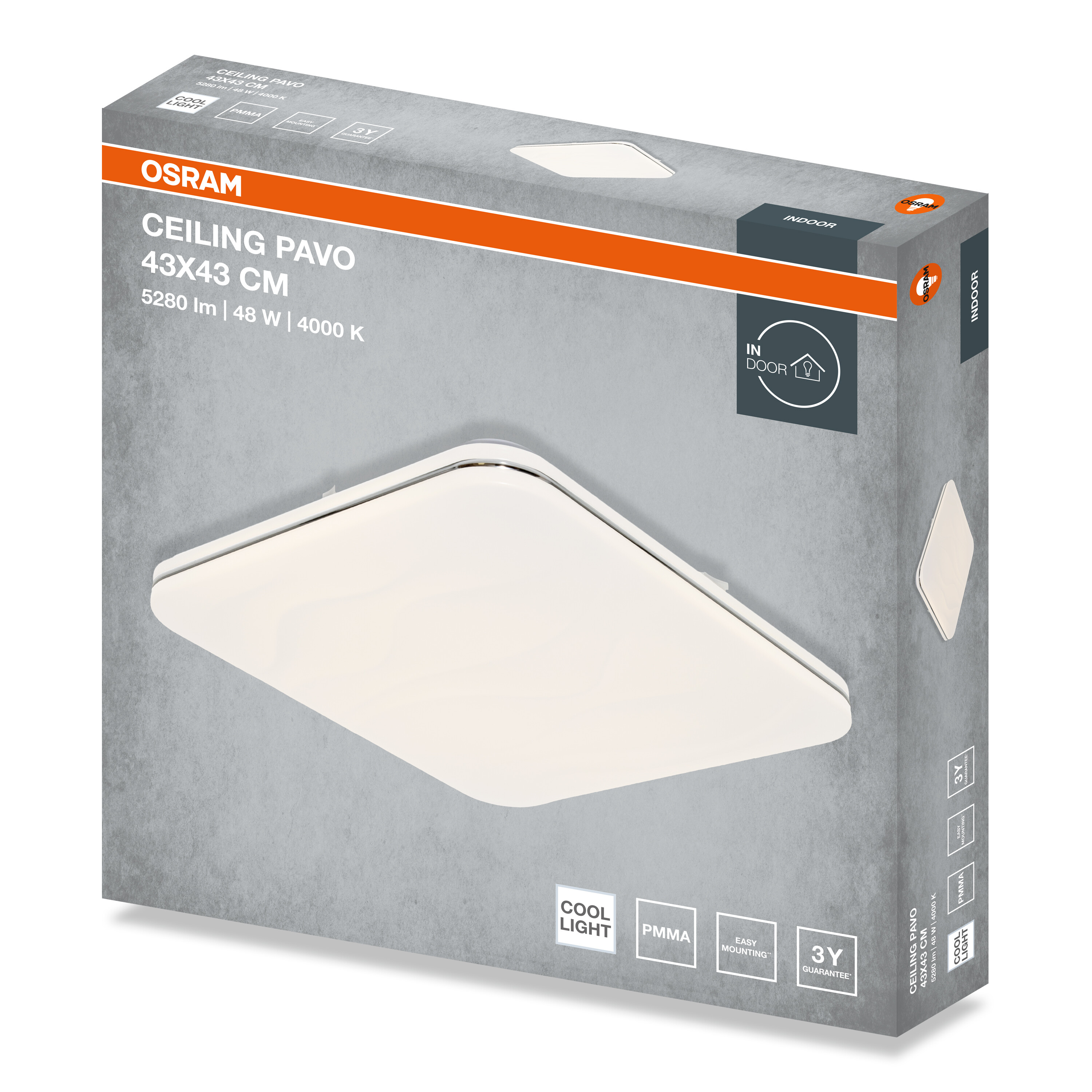 OSRAM Ceiling Pavo 43x43 cm termékdoboz, amely egy négyzet alakú LED mennyezeti lámpát mutat.