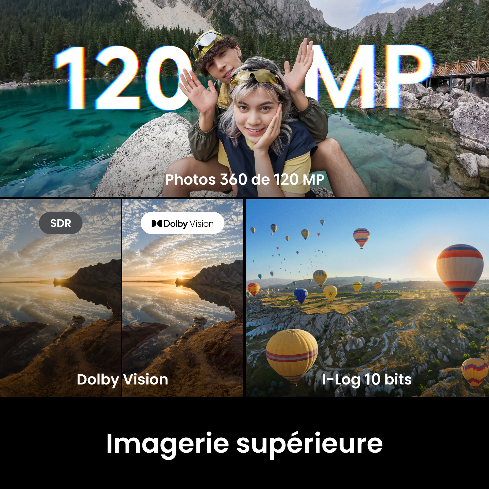 Image composite affichant des fonctions photo avec des personnes dans la nature, un coucher de soleil et des montgolfières.