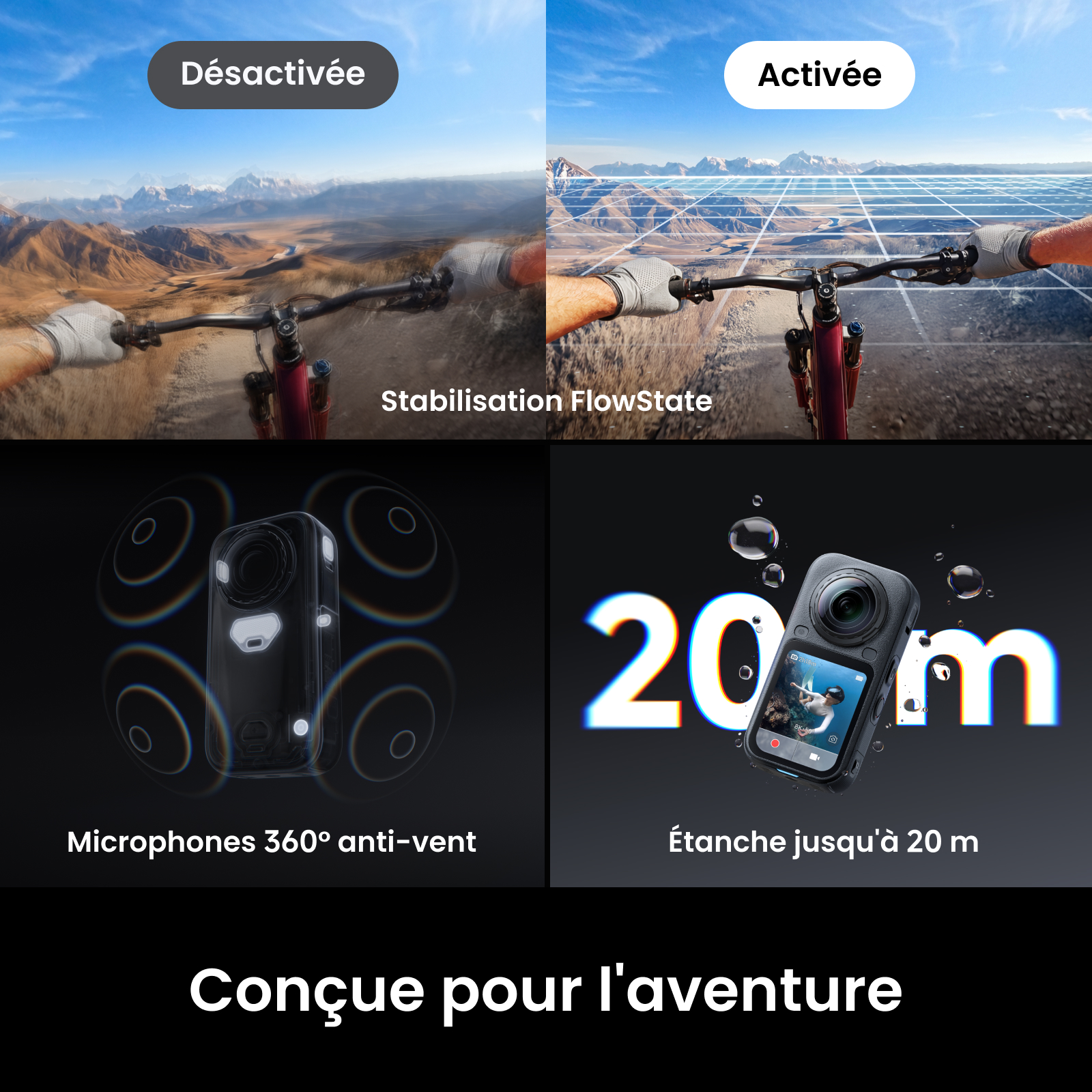 Images de comparaison montrant la stabilisation, les micros 360 et l'étanchéité jusqu'à 20 m.