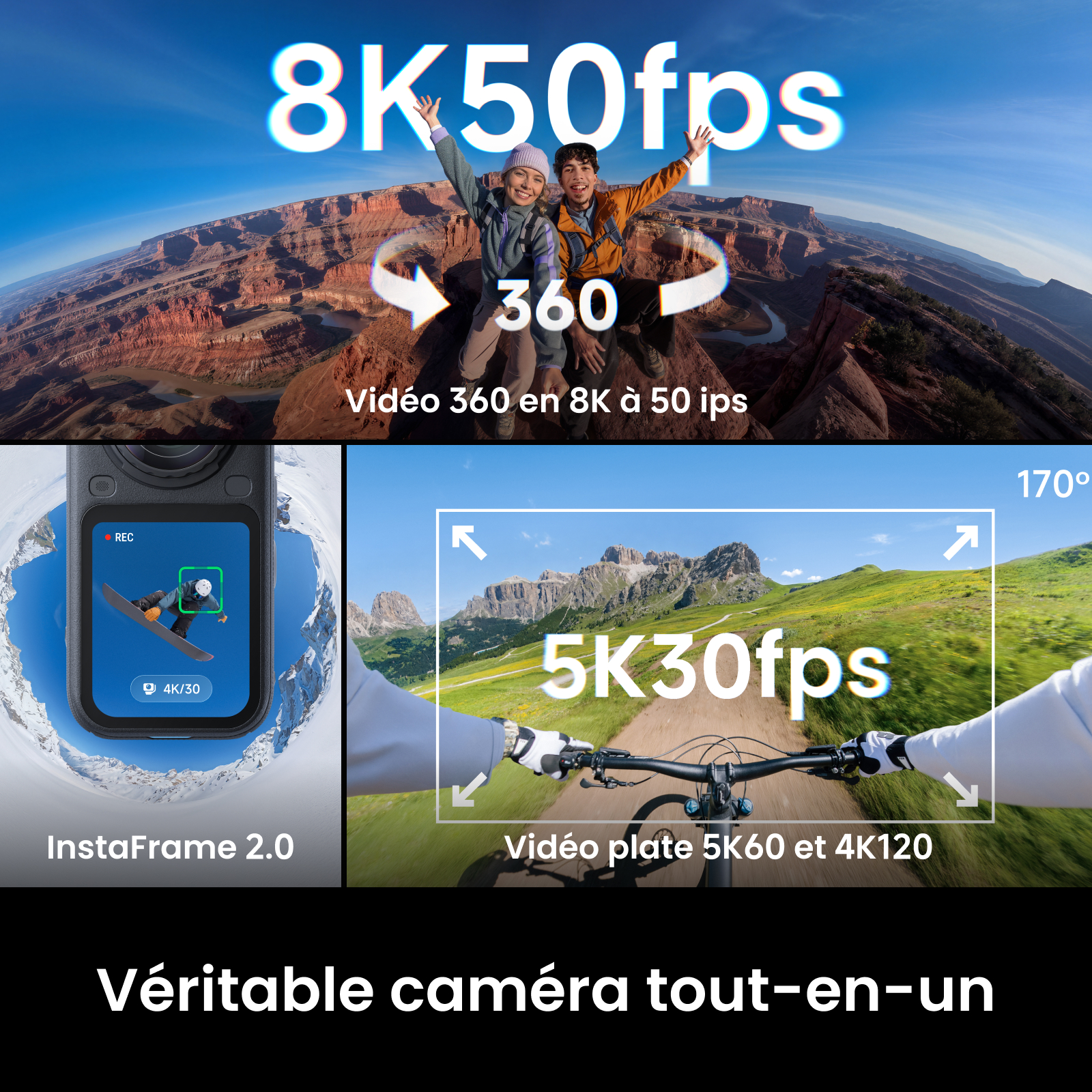 Une caméra d'action présentant des séquences à 360 degrés, InstaFrame 2.0 et une vidéo plate jusqu'à 8K50fps.