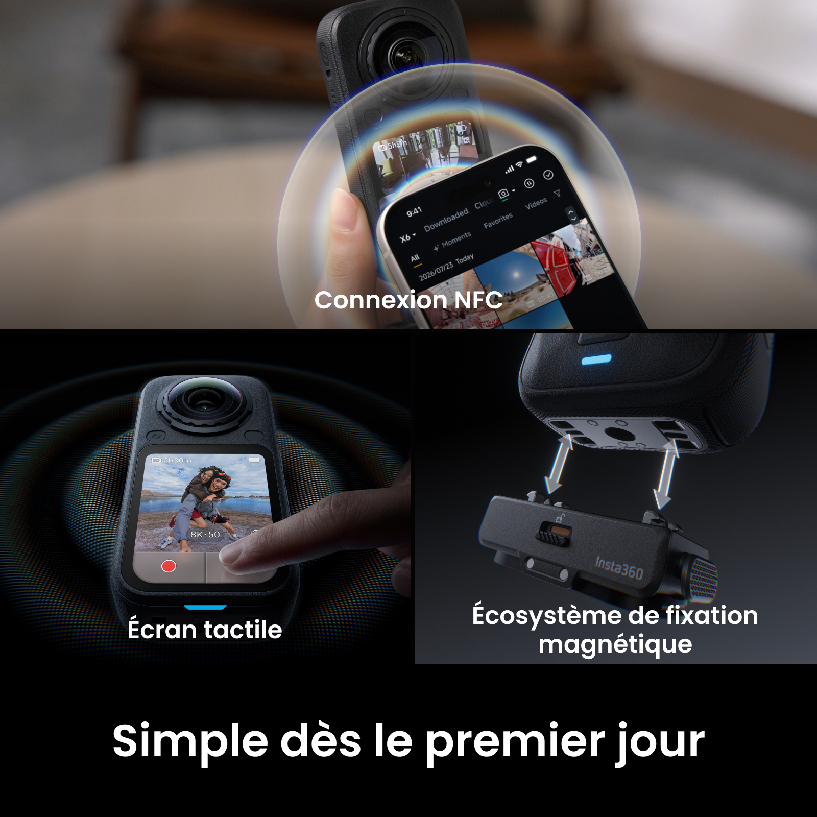 Caméra Insta360 avec connexion NFC, écran tactile et fixation magnétique.