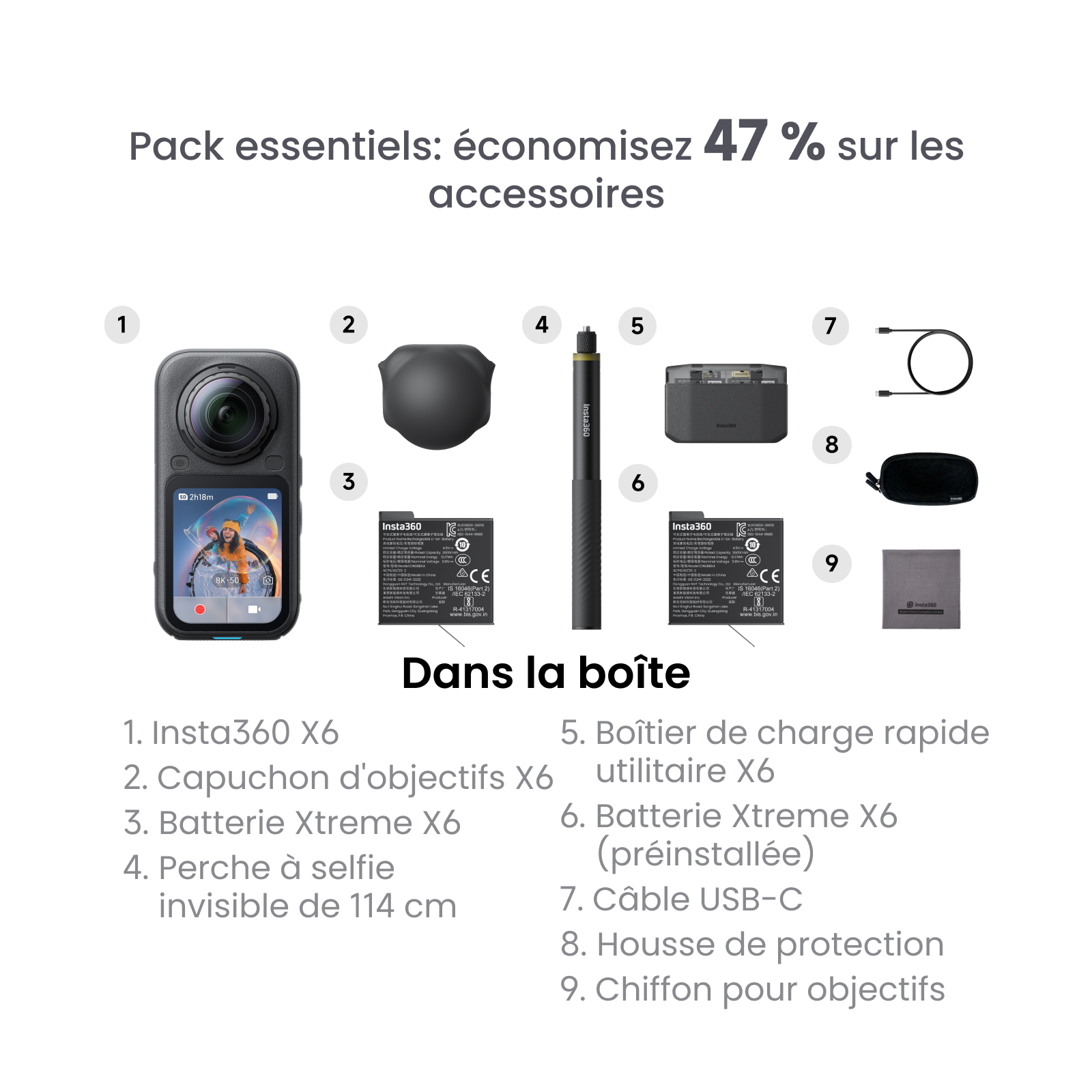 Kit d'accessoires Insta360 avec caméra, batteries, perche, chargeur, câble, étui et liste numérotée.