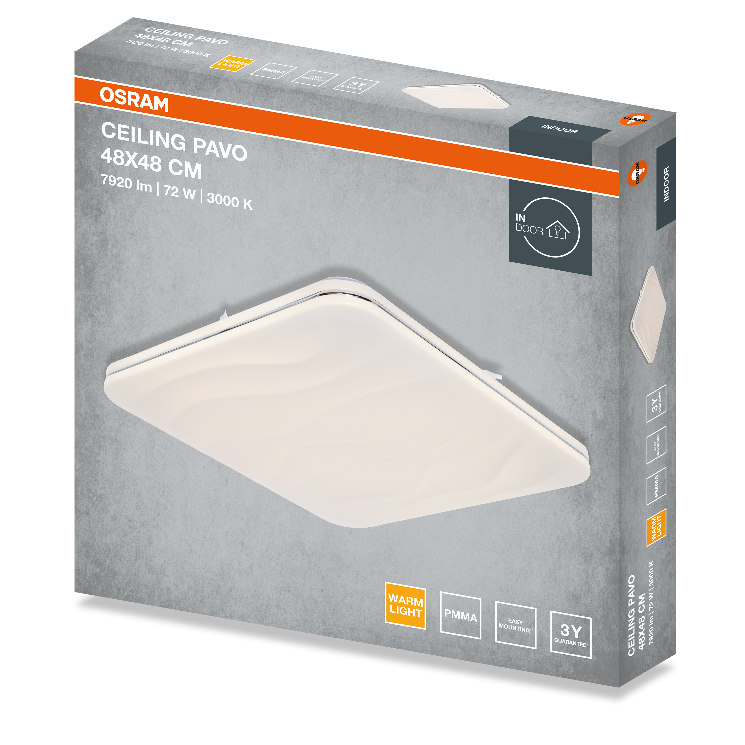 Szürke doboz az Osram Ceiling Pavo 48x48 cm mennyezeti lámpához termékadatokkal.
