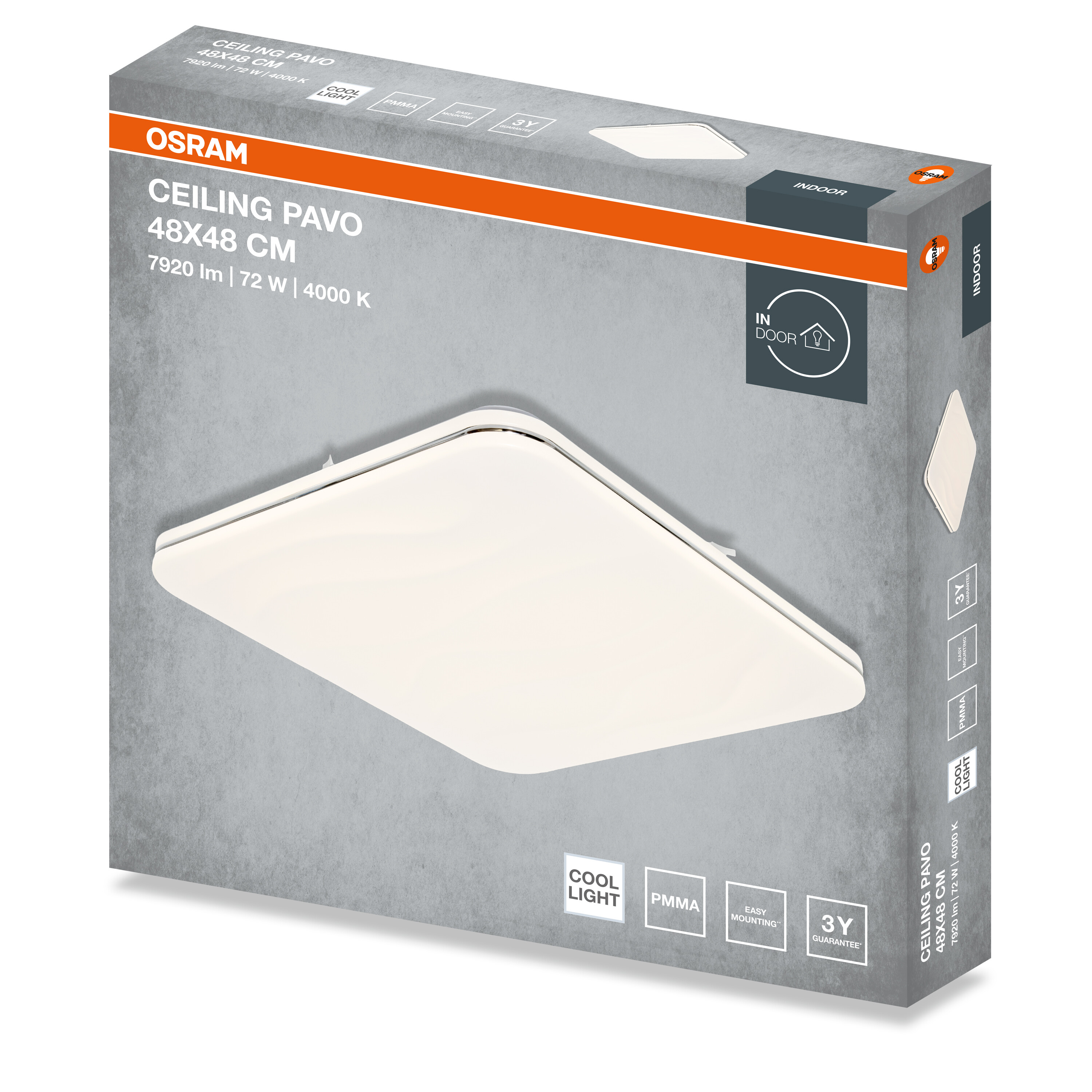 Osram Ceiling Pavo mennyezeti lámpa csomagolása, 48x48 cm, termékképpel és műszaki adatokkal.