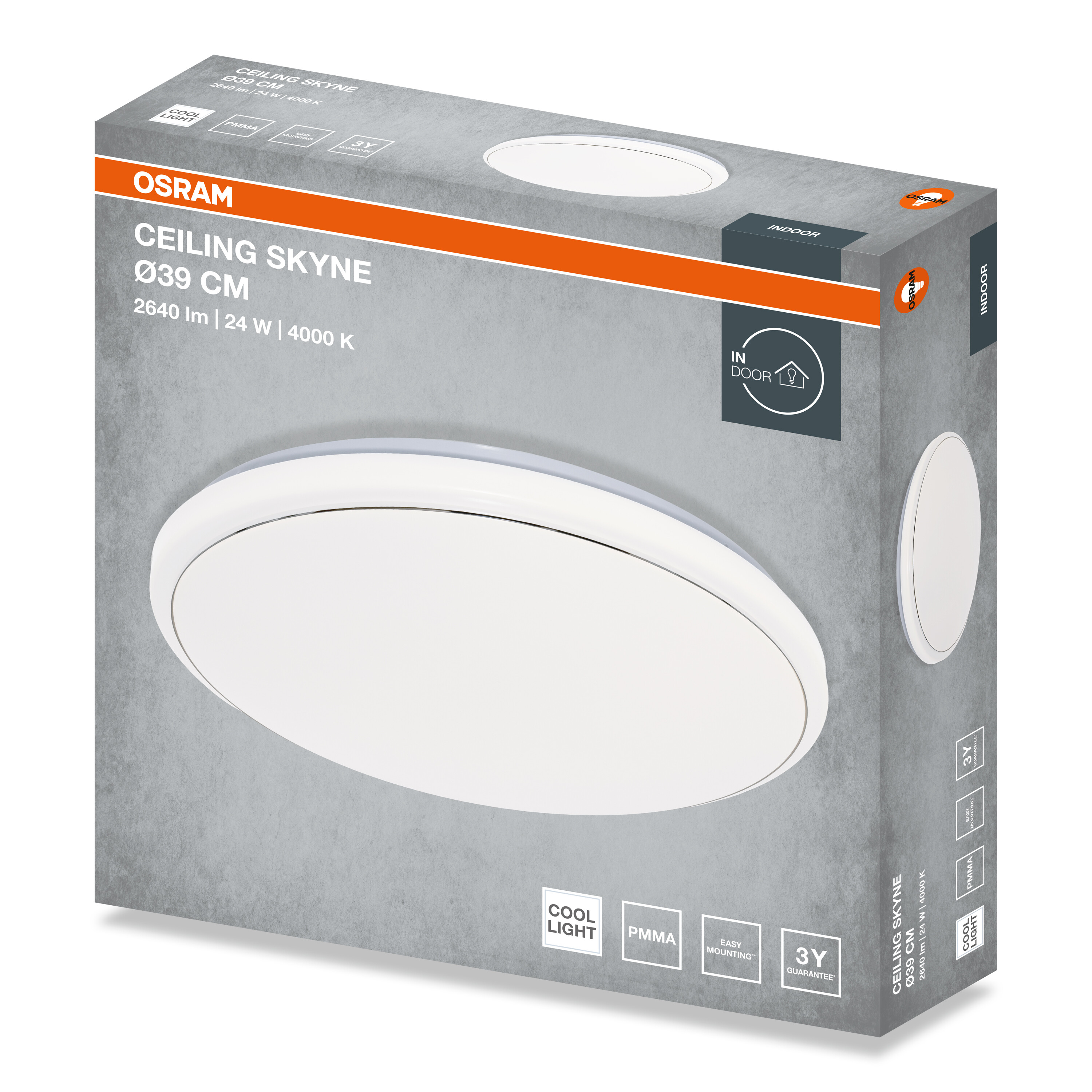 Szürke csomagolás Osram Ceiling Skyne LED mennyezeti lámpához, 39 cm, műszaki adatokkal és lámpaképpel.