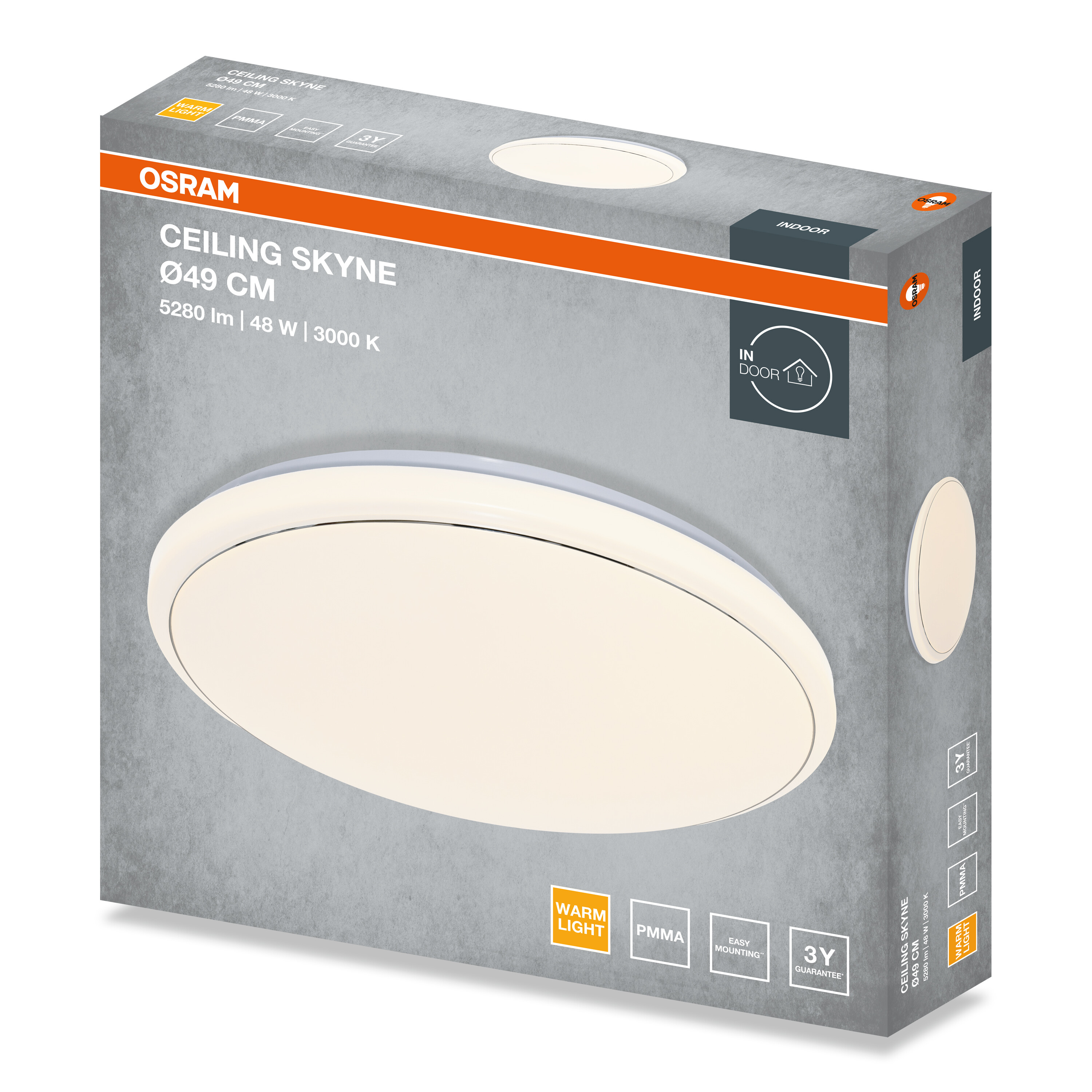 Az Osram Ceiling Skyne LED mennyezeti lámpa csomagolása termékadatokkal és a lámpa képével.