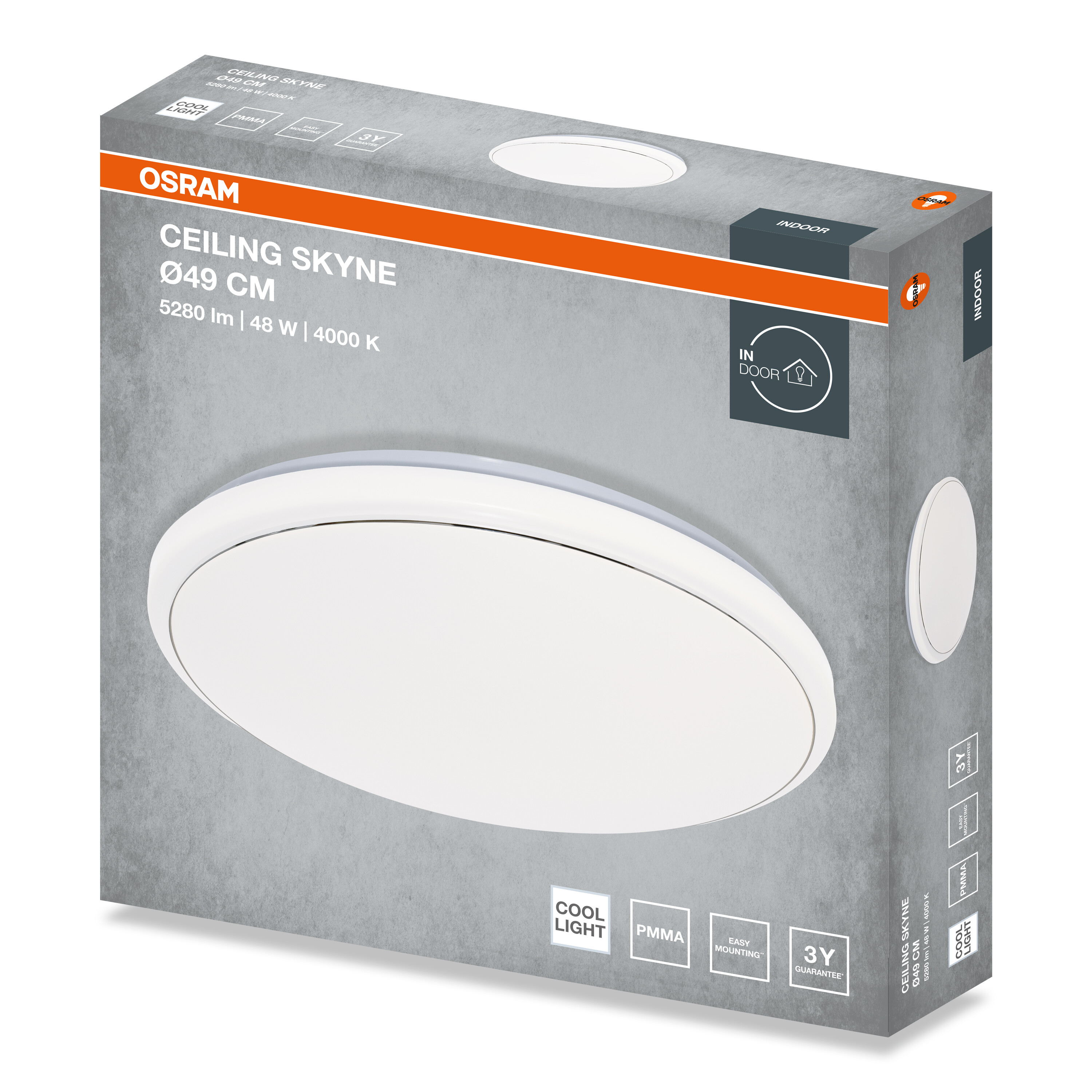Osram Ceiling Skyne LED mennyezeti lámpa csomagolása, kerek, fehér, adatokkal a szürke dobozon.