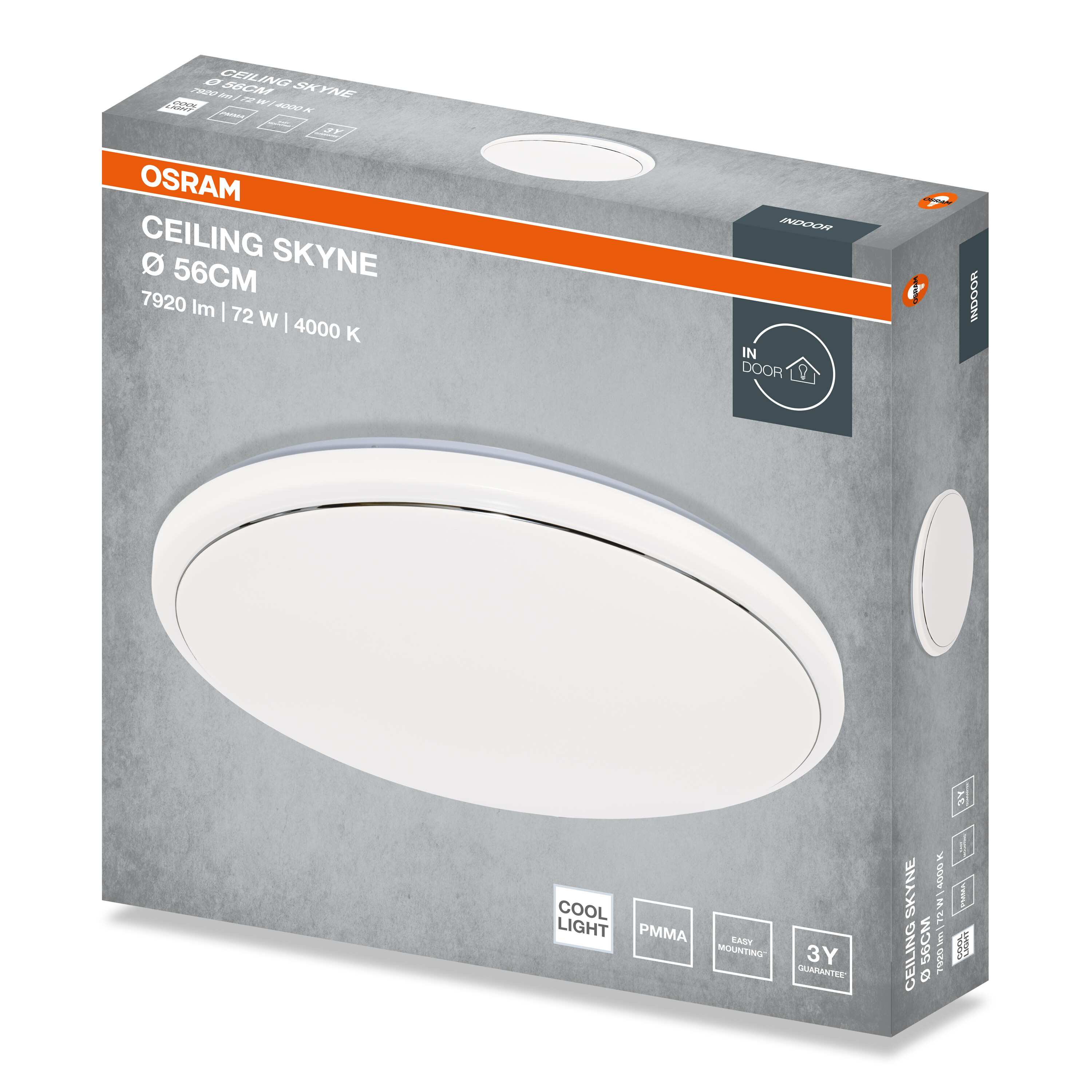 Osram Ceiling Skyne LED lámpa csomagolása, 56 cm, termékadatokkal és a kerek lámpatest képével.