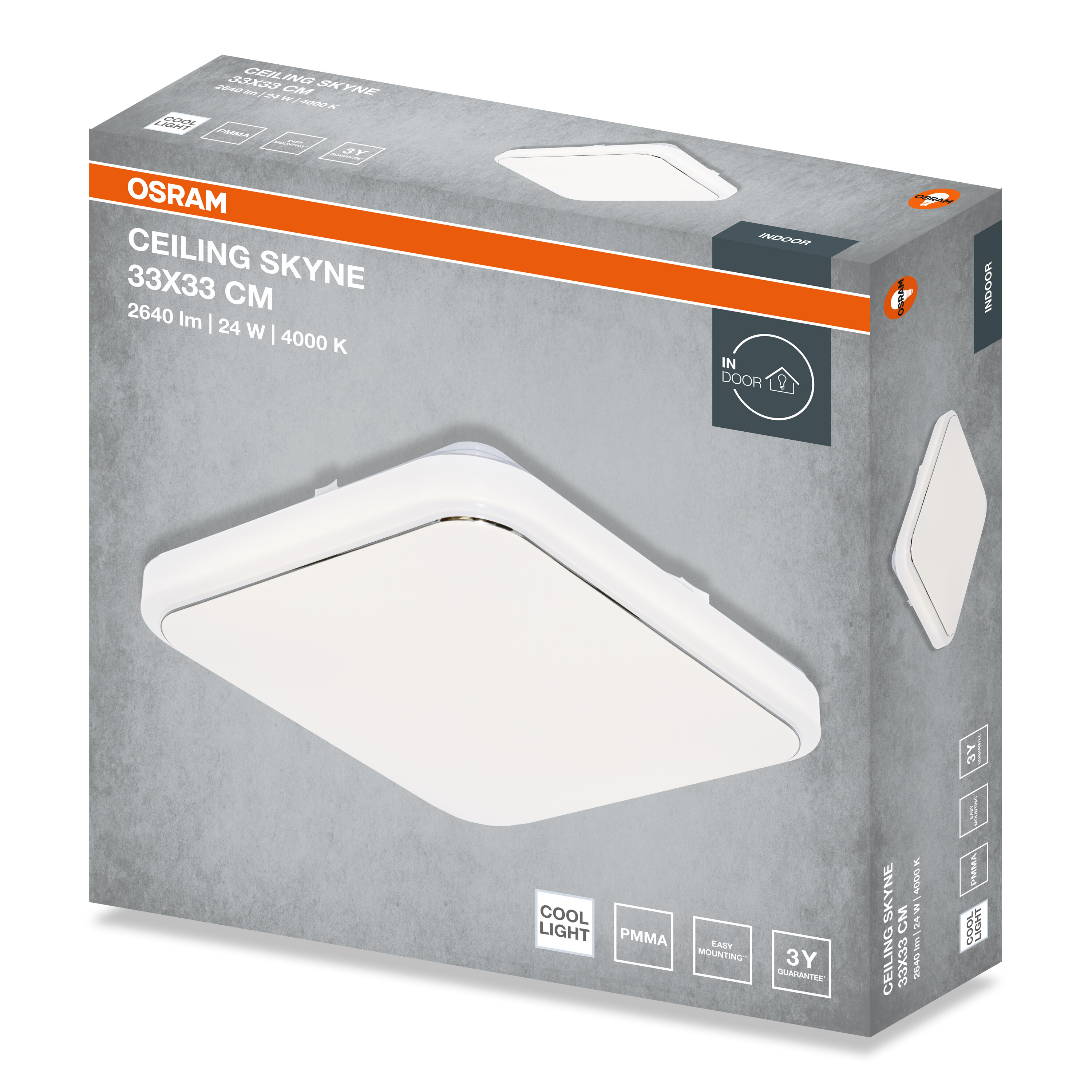 Osram Ceiling Skyne 33x33 cm LED lámpa termékcsomagolás doboz fehér lámpa képével.