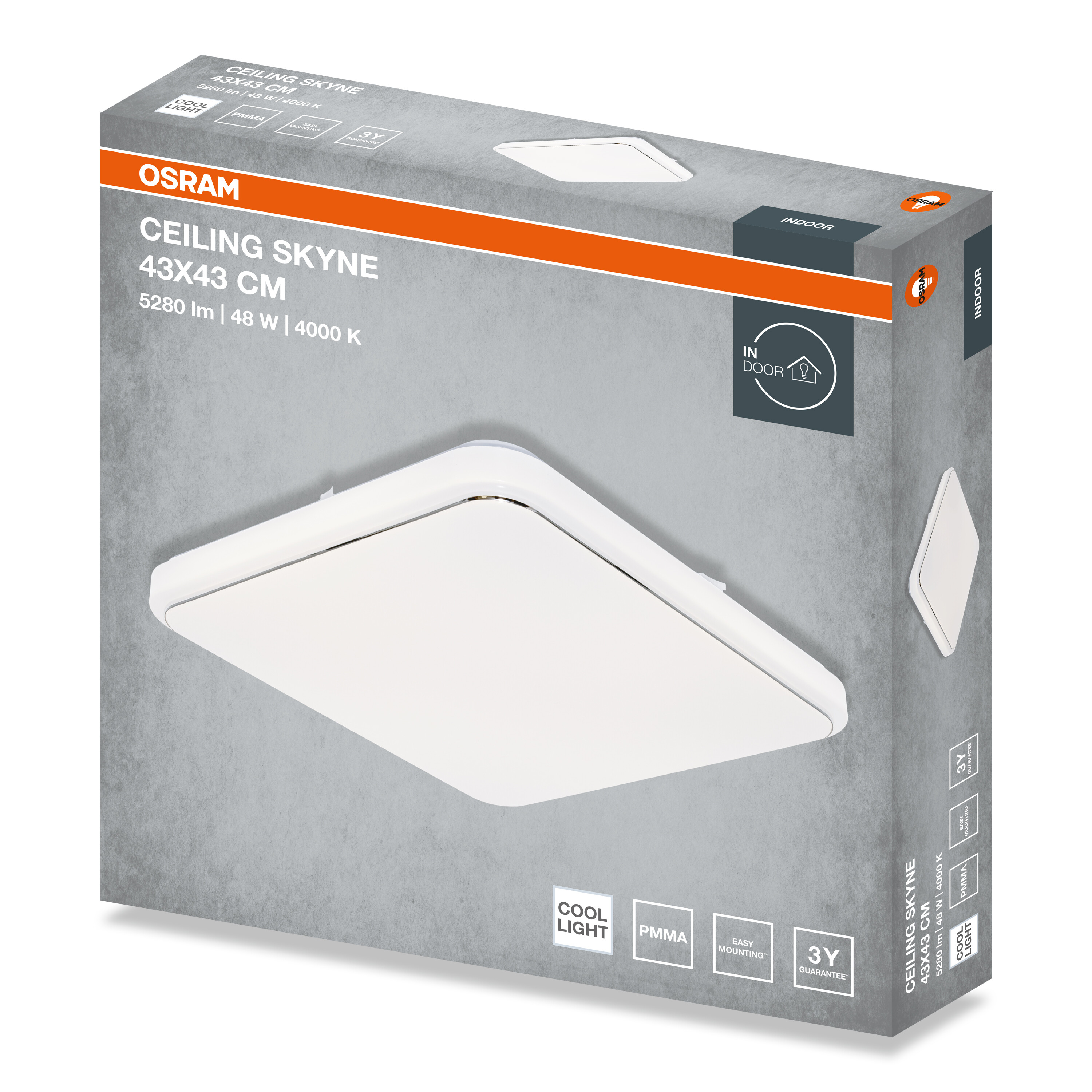 Osram LED mennyezeti lámpa Skyne csomagolása, négyzet alakú, fehér, 43x43 cm, termékképpel és műszaki adatokkal.