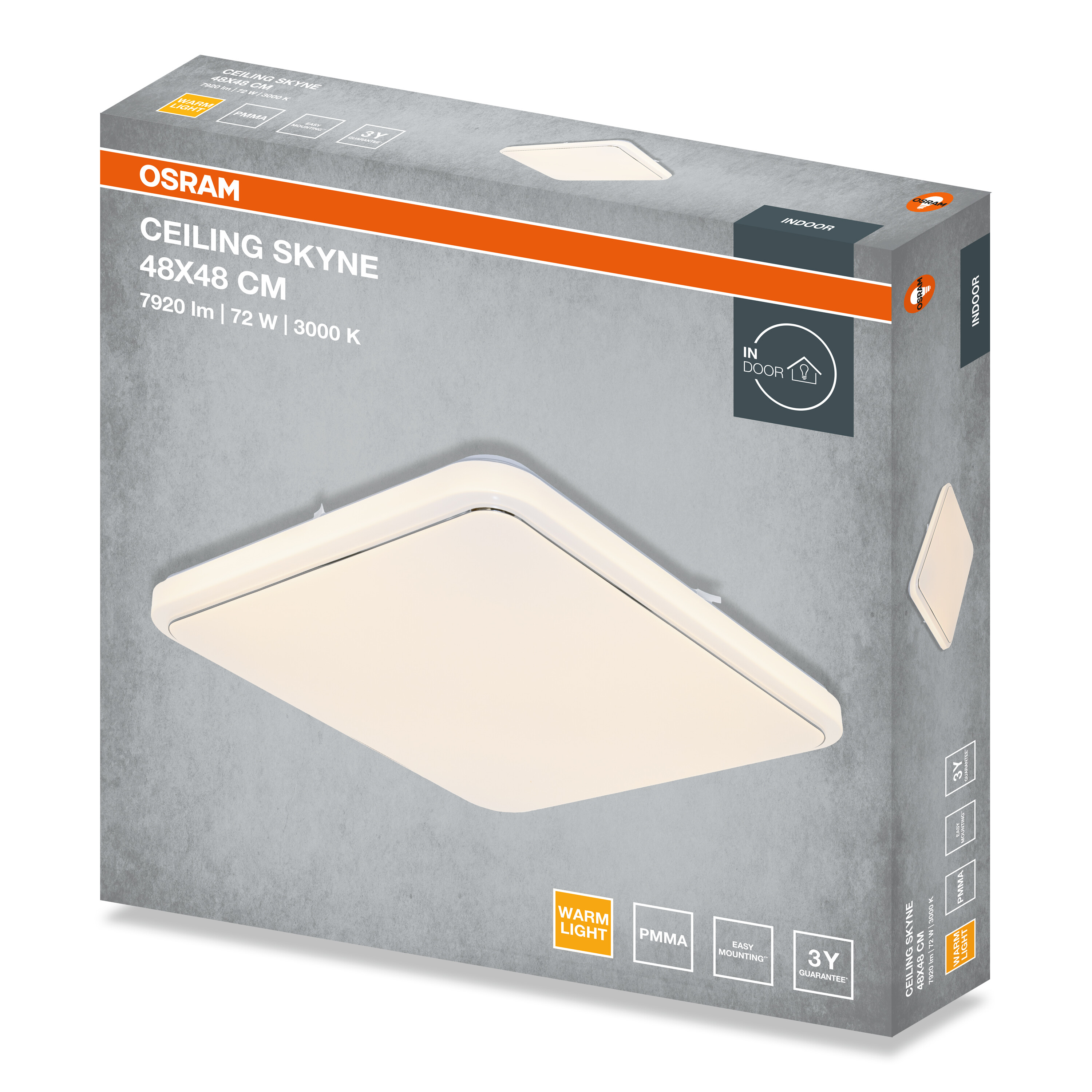 Osram Skyne 48x48 cm mennyezeti lámpa csomagolása szürke színben, narancs elemekkel.