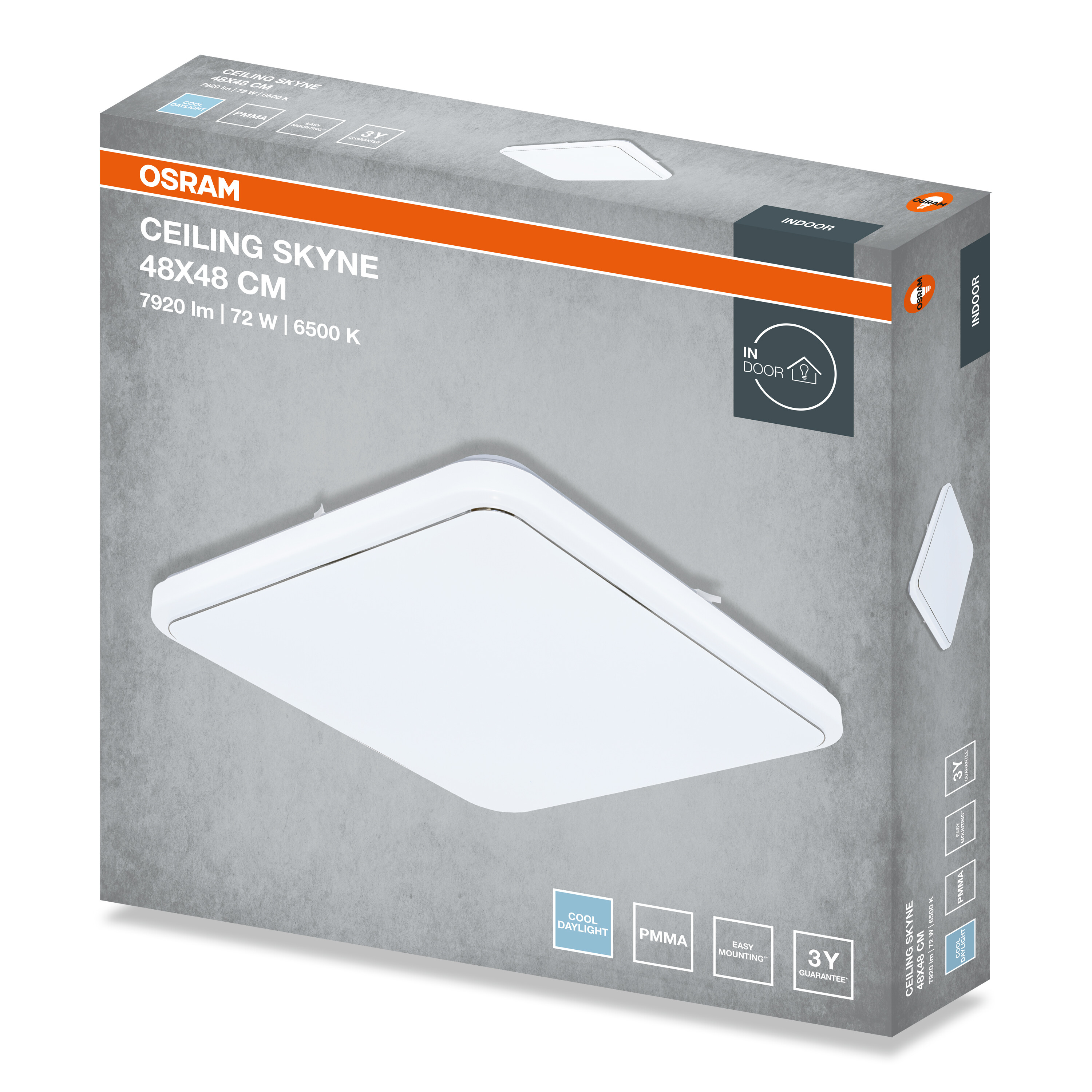 Osram mennyezeti lámpa doboza fehér négyzet alakú lámpatesttel, adatokkal és márkajelzéssel szürke háttéren.