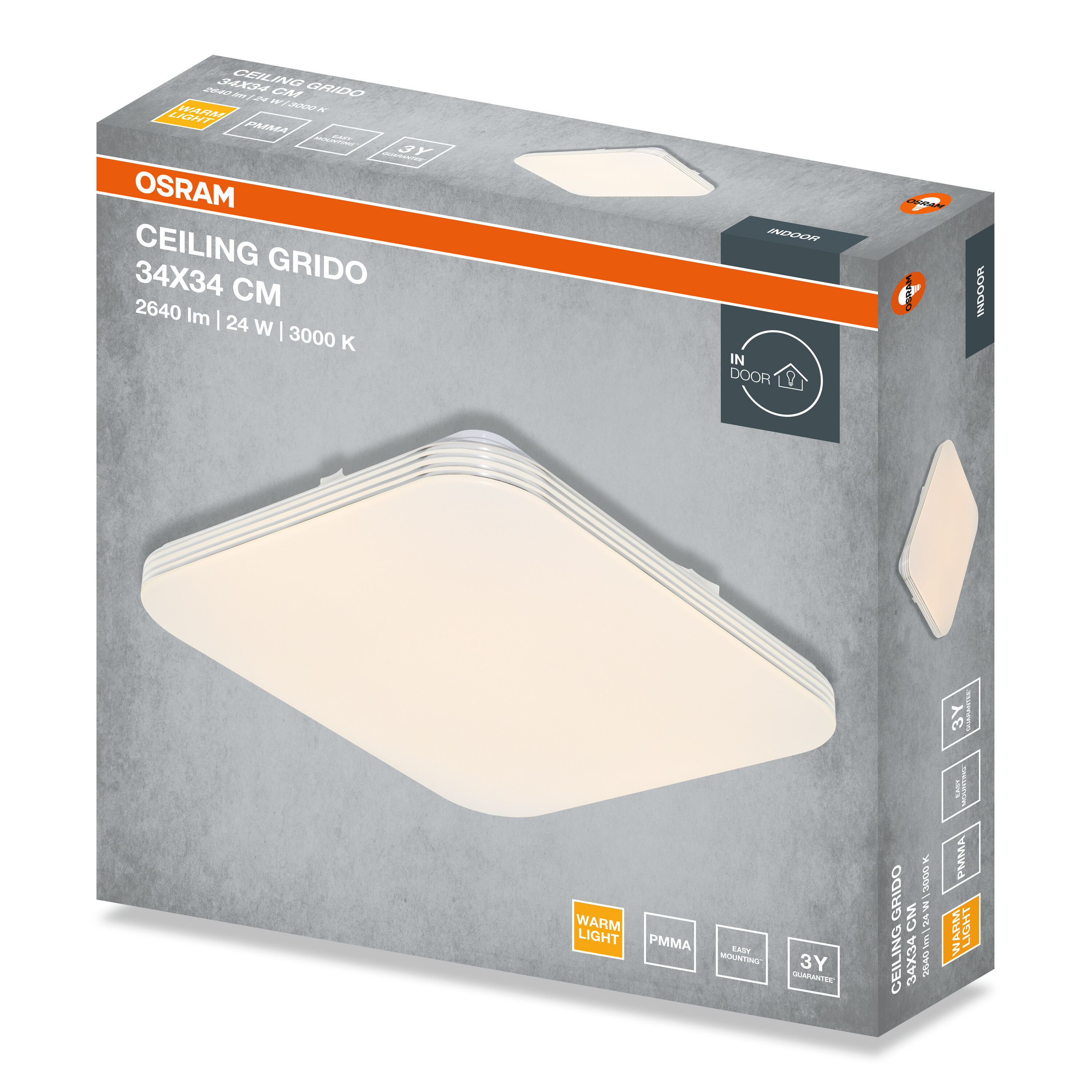 Osram Ceiling Grido LED mennyezeti lámpa csomagolása, 34x34 cm, 24W, meleg fehér.