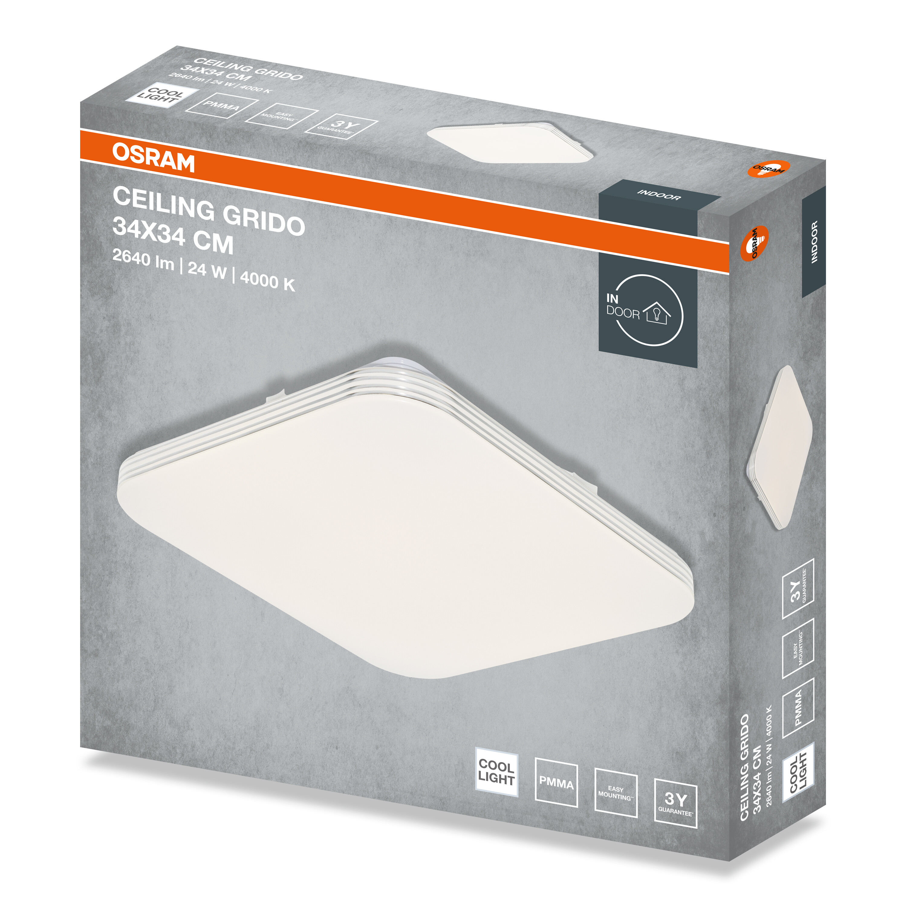 Osram Ceiling Grido LED mennyezeti lámpa csomagolódoboza, 34x34 cm, 24W, 4000K, szürke és narancs színben.