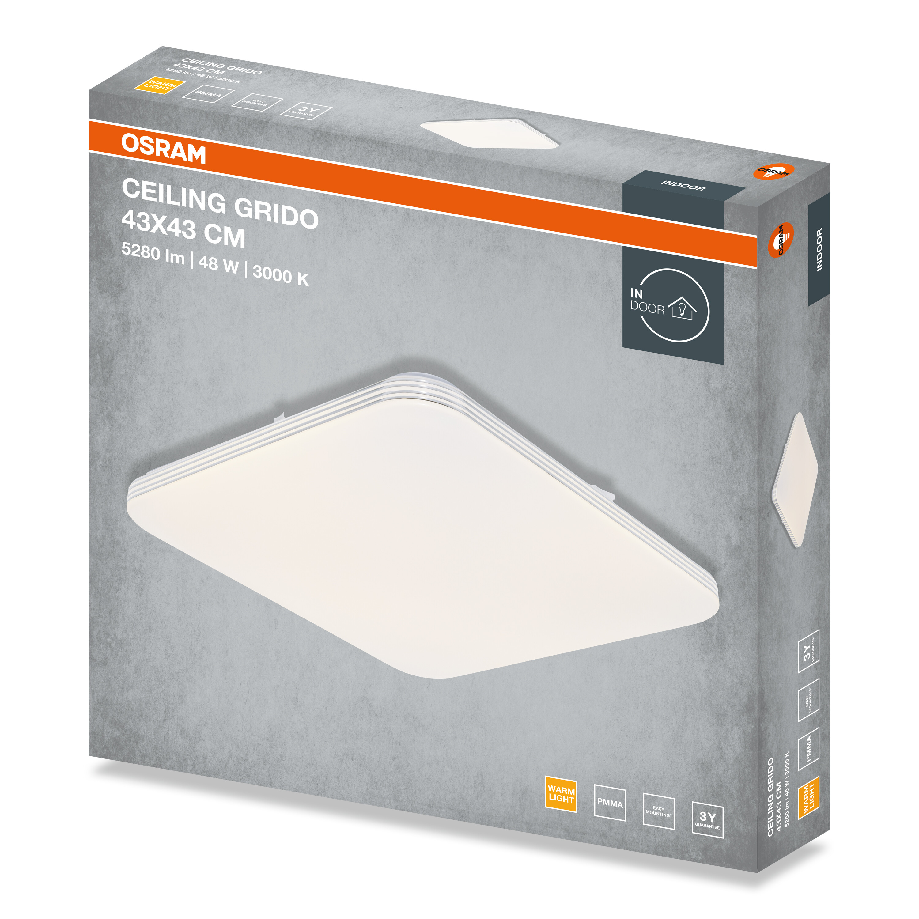 Csomagolás egy szögletes OSRAM Ceiling Grido mennyezeti lámpához, technikai adatokkal.