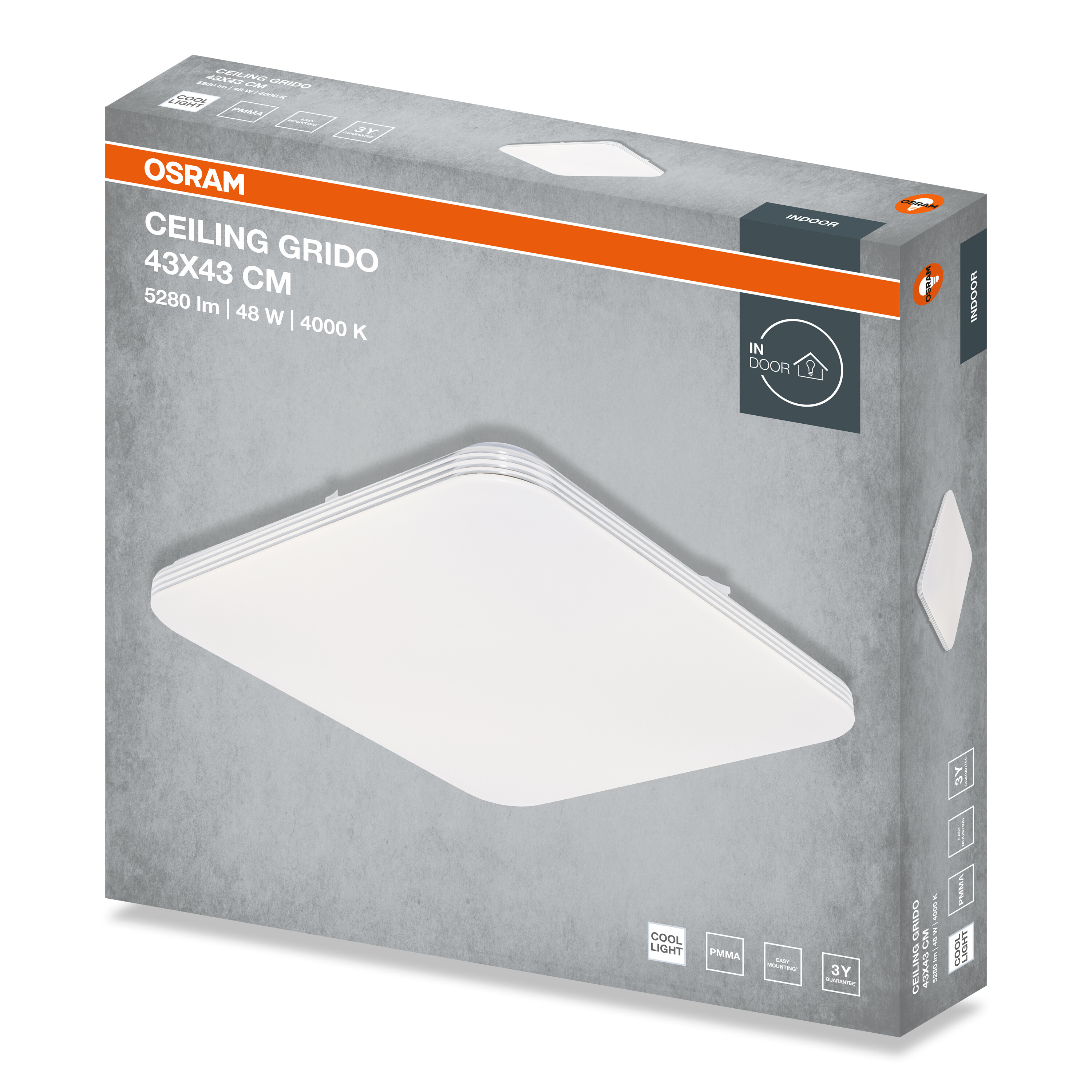 Szürke Osram Ceiling Grido doboz egy fehér 43x43 cm-es mennyezeti lámpával.