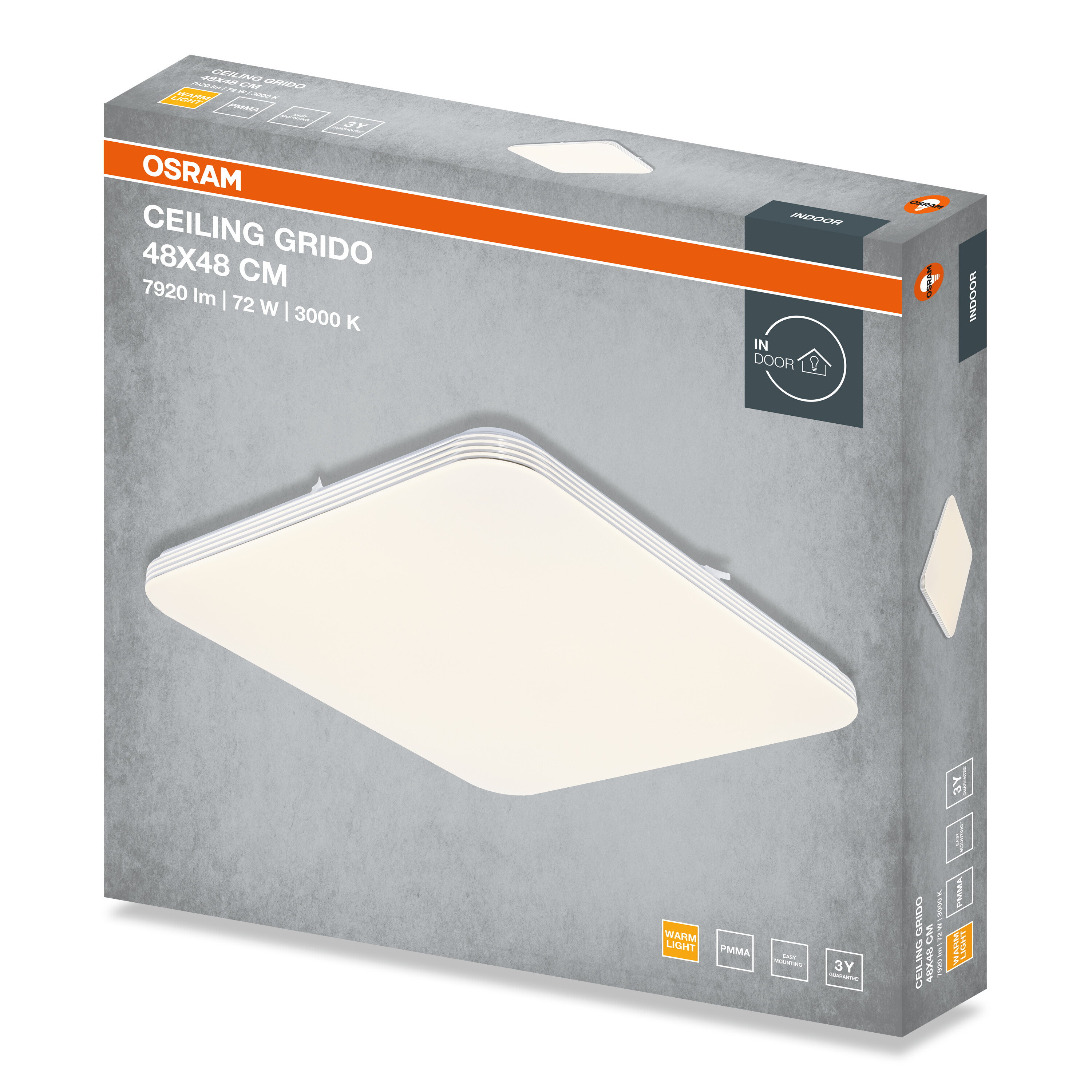 Az Osram Ceiling Grido mennyezeti lámpa csomagolása, négyzet alakú, 48x48 cm, meleg fény.