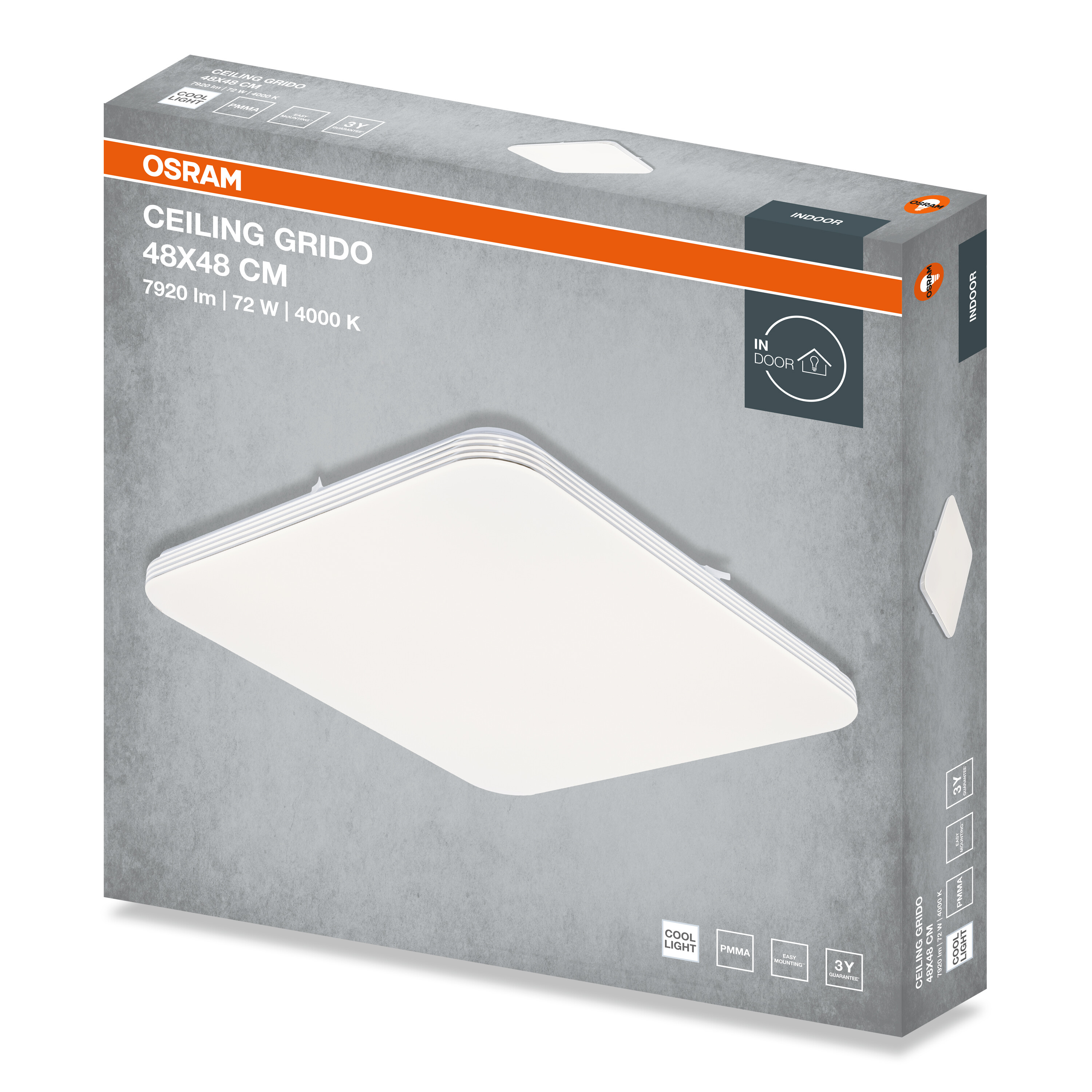 Szürke-narancssárga doboz Osram Ceiling Grido LED lámpához (48x48 cm, 72 W).