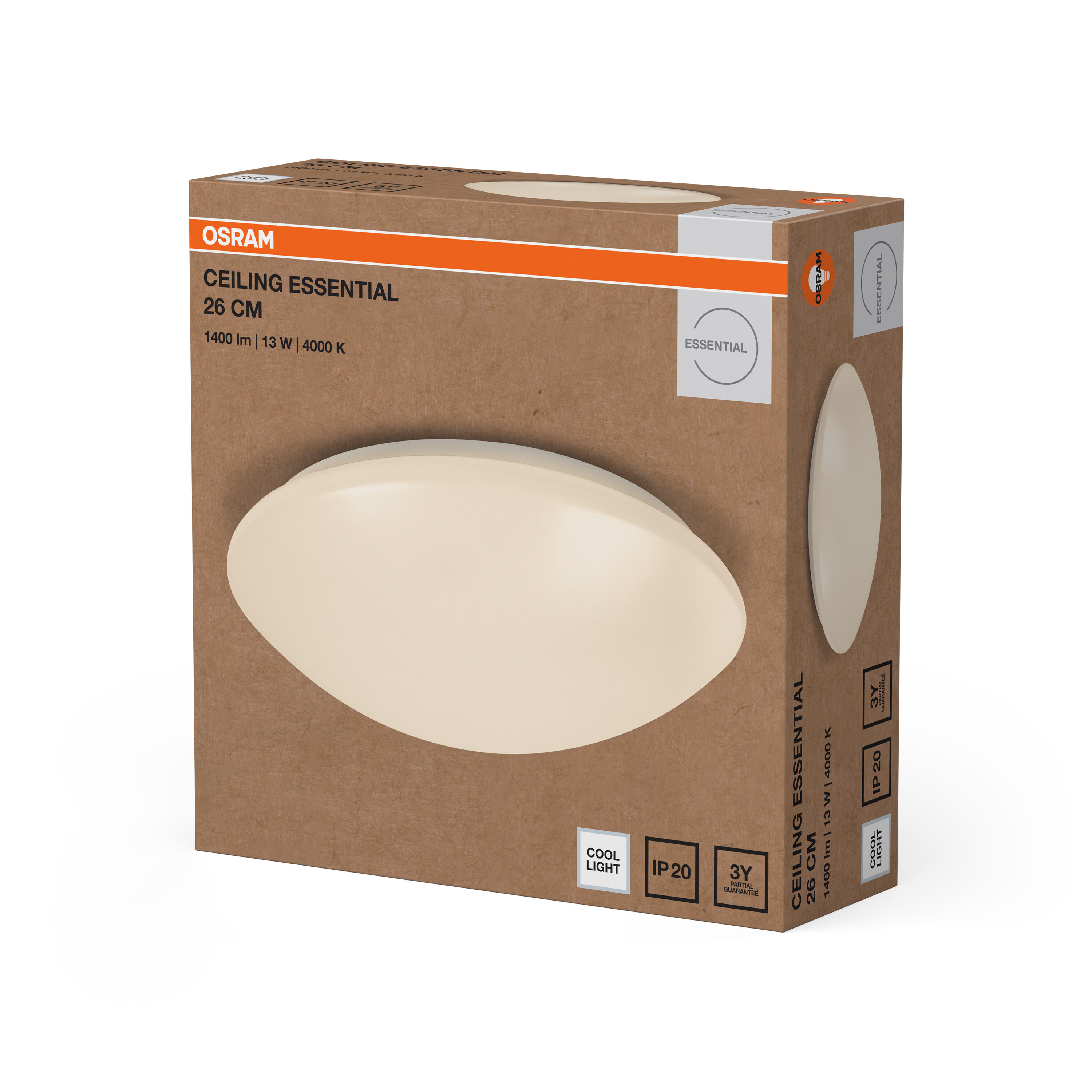 Kartondoboz Osram Ceiling Essential 26 cm-es lámpához, termékképpel és adatokkal fehér háttérrel.