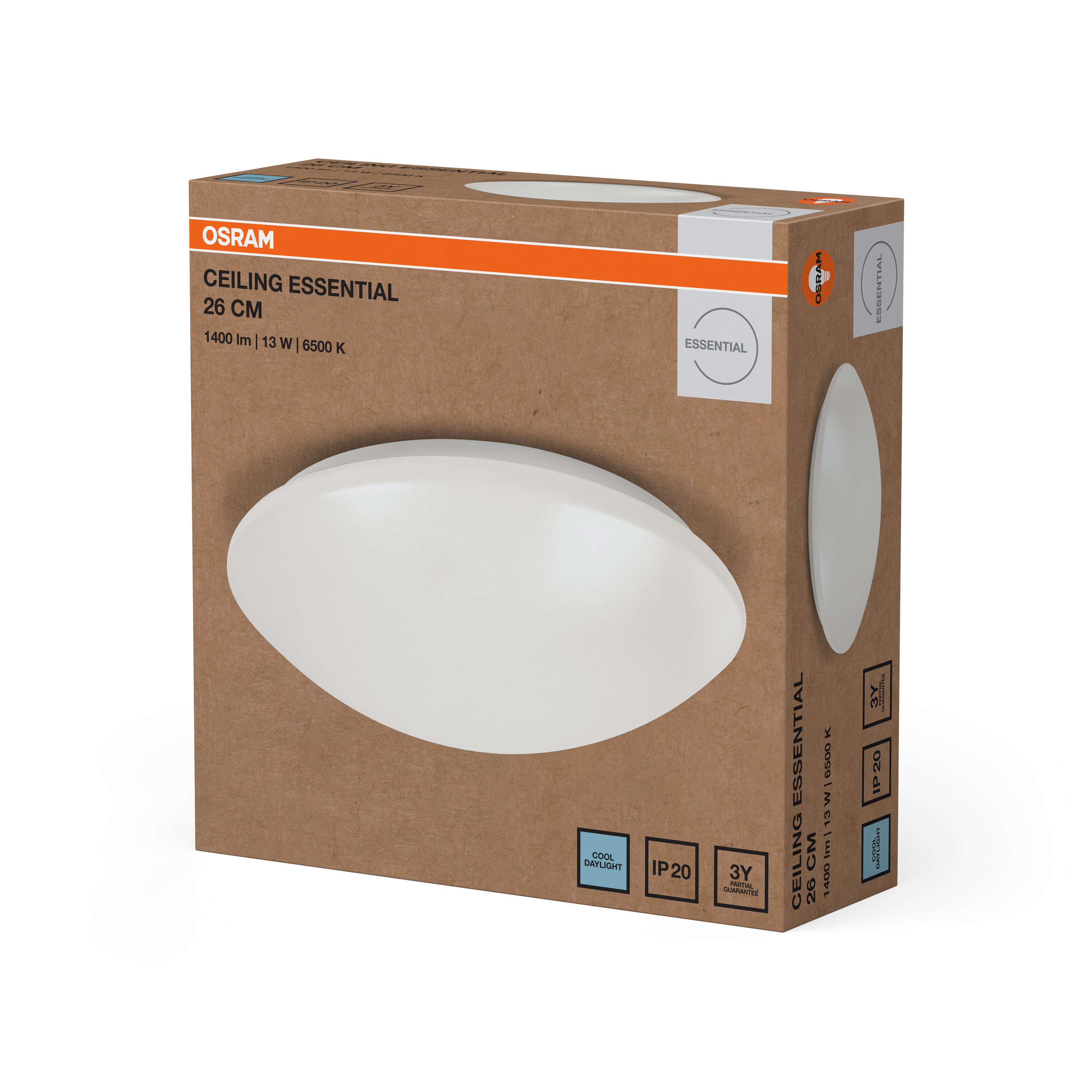 Barna Osram Ceiling Essential csomagolás, rajta a kerek 26 cm-es mennyezeti lámpa képével.