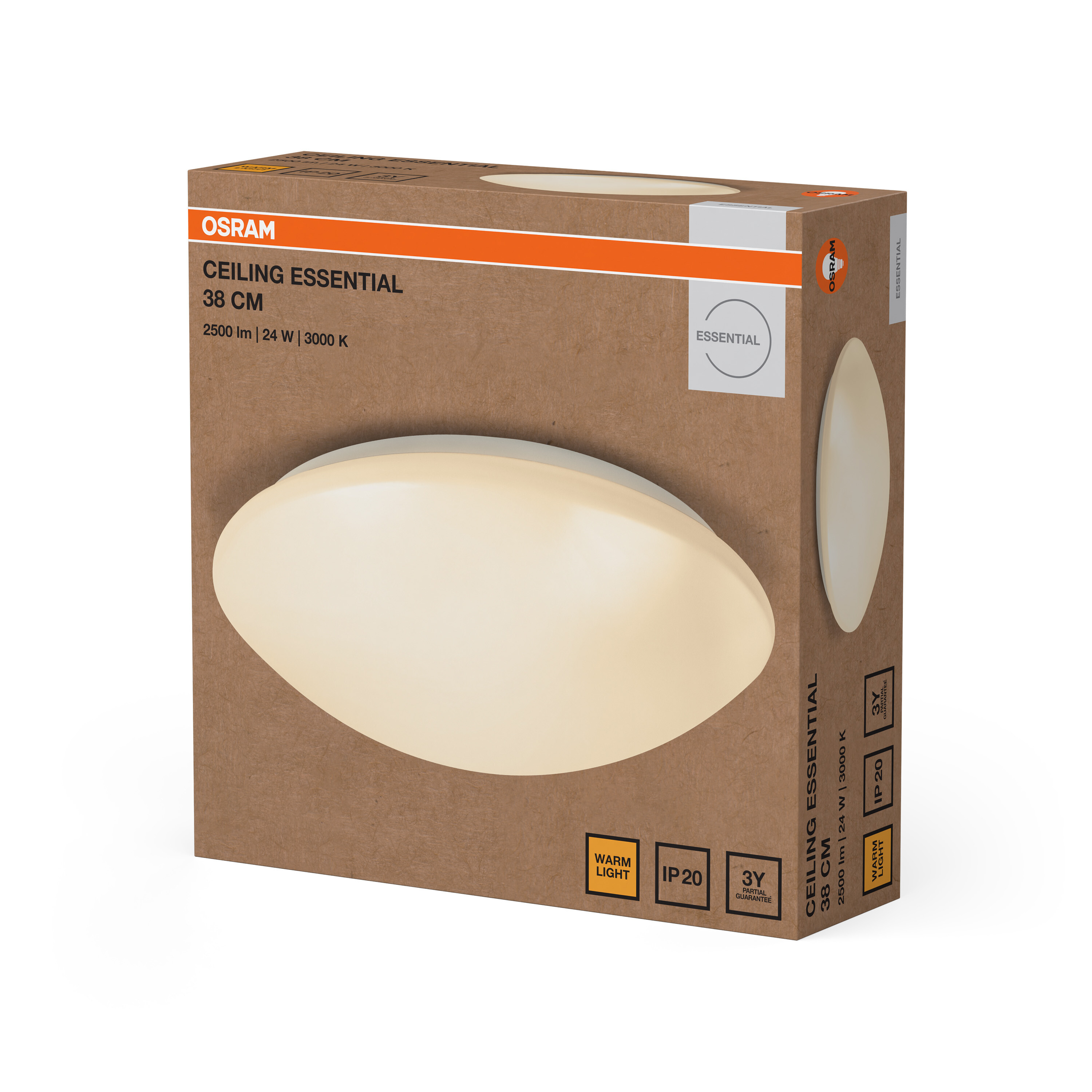 Barna kartondoboz Osram Ceiling Essential 38 cm-es lámpához, termékképpel és adatokkal.
