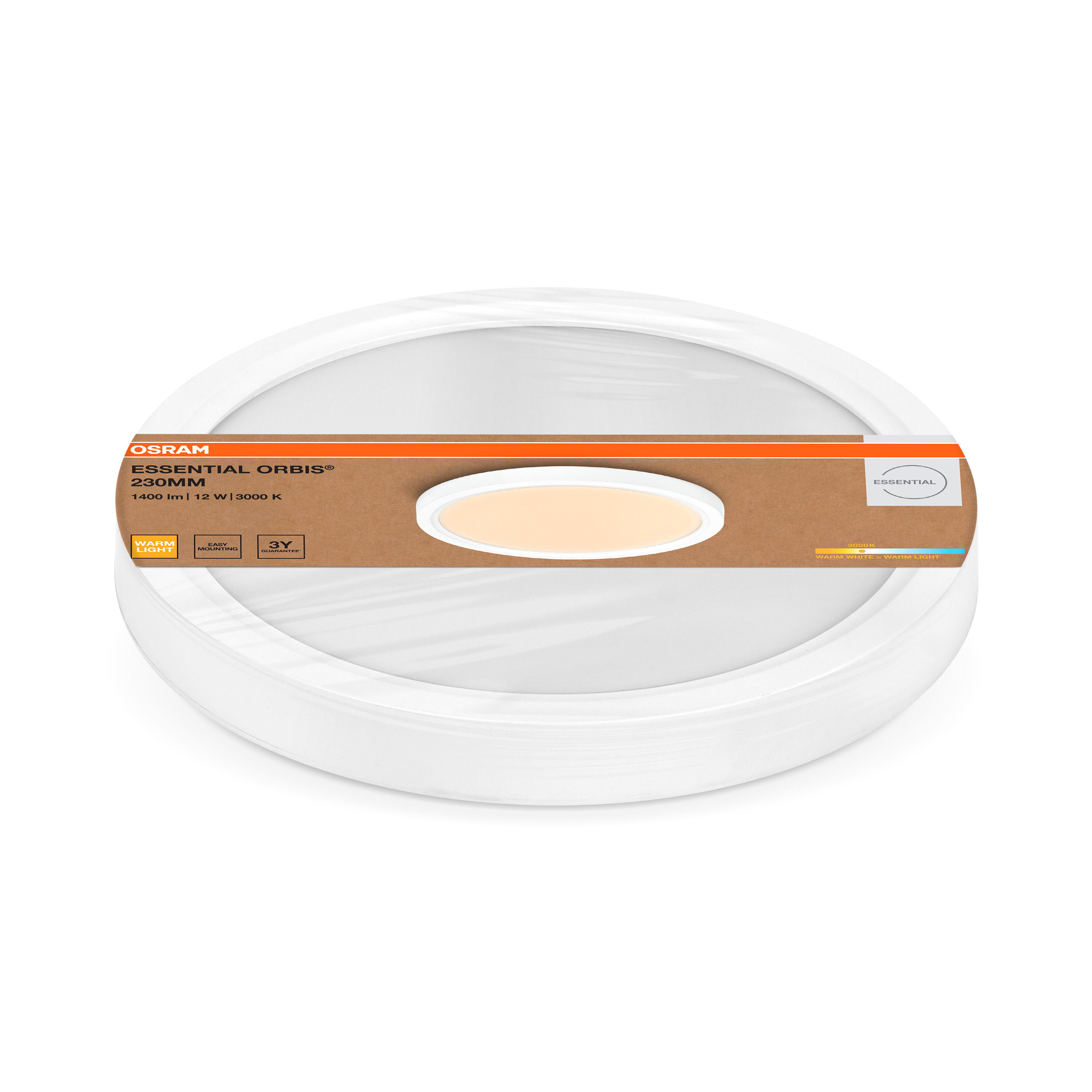 Kerek fehér Osram Essential Orbis LED mennyezeti lámpa csomagolásban, narancssárga-barna sávval.