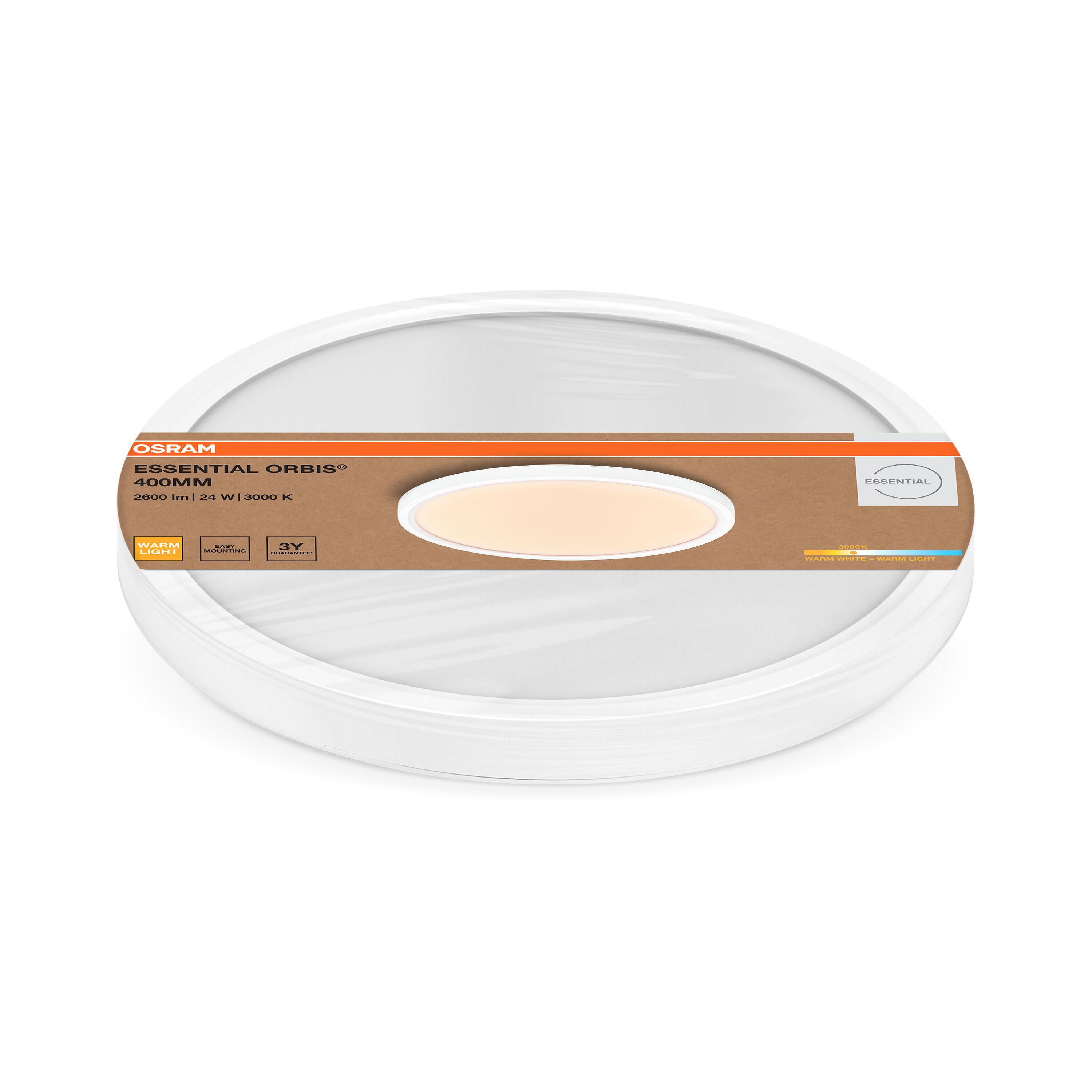 Kerek Osram Essential Orbis LED mennyezeti lámpa fehér csomagolásban, meleg fehér fénnyel.
