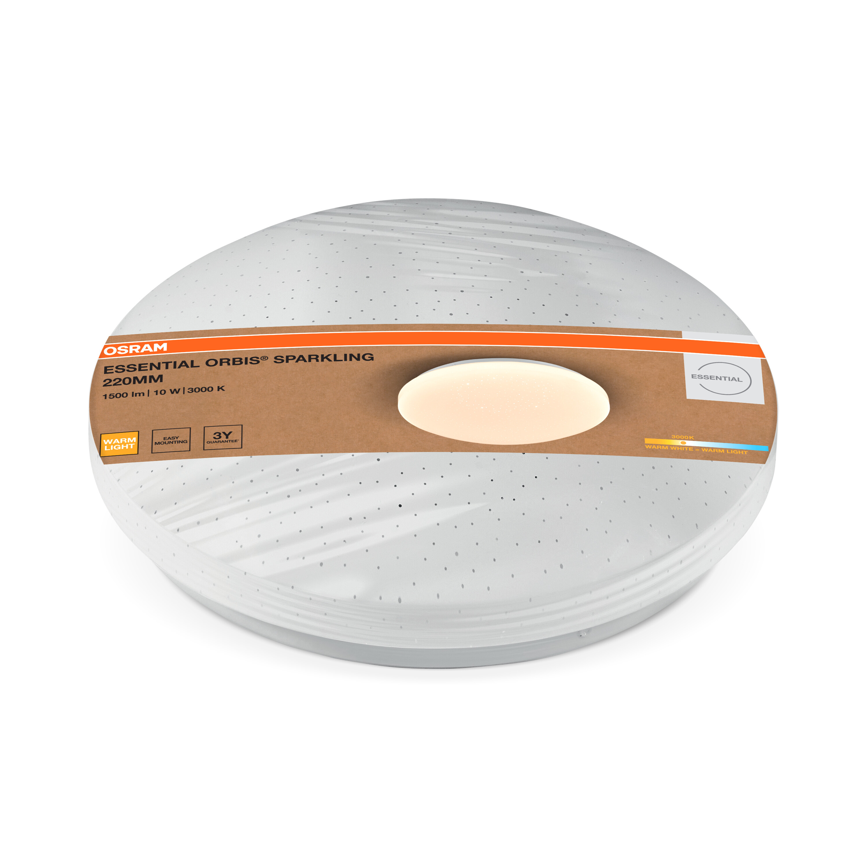 Osram Essential Orbis kerek mennyezeti lámpa fehér, pöttyös felülettel és karton termékpánttal.